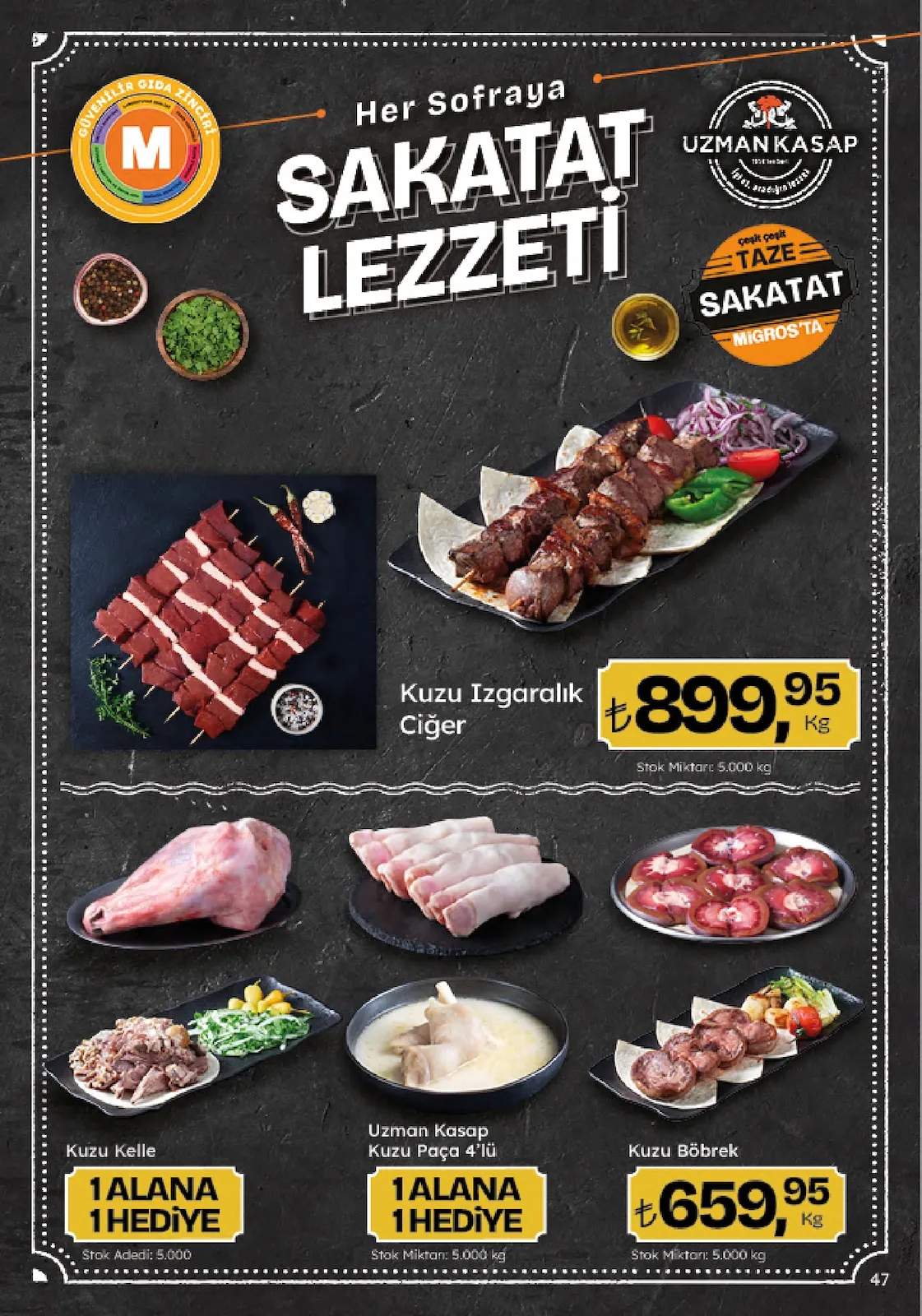 Migros Migros 4 Haziran 2026 Aktüel Kataloğu sayfa 47: Kuzu Böbrek 5.000 Kg, Kuzu Izgaralık Ciğer 5.000 Kg