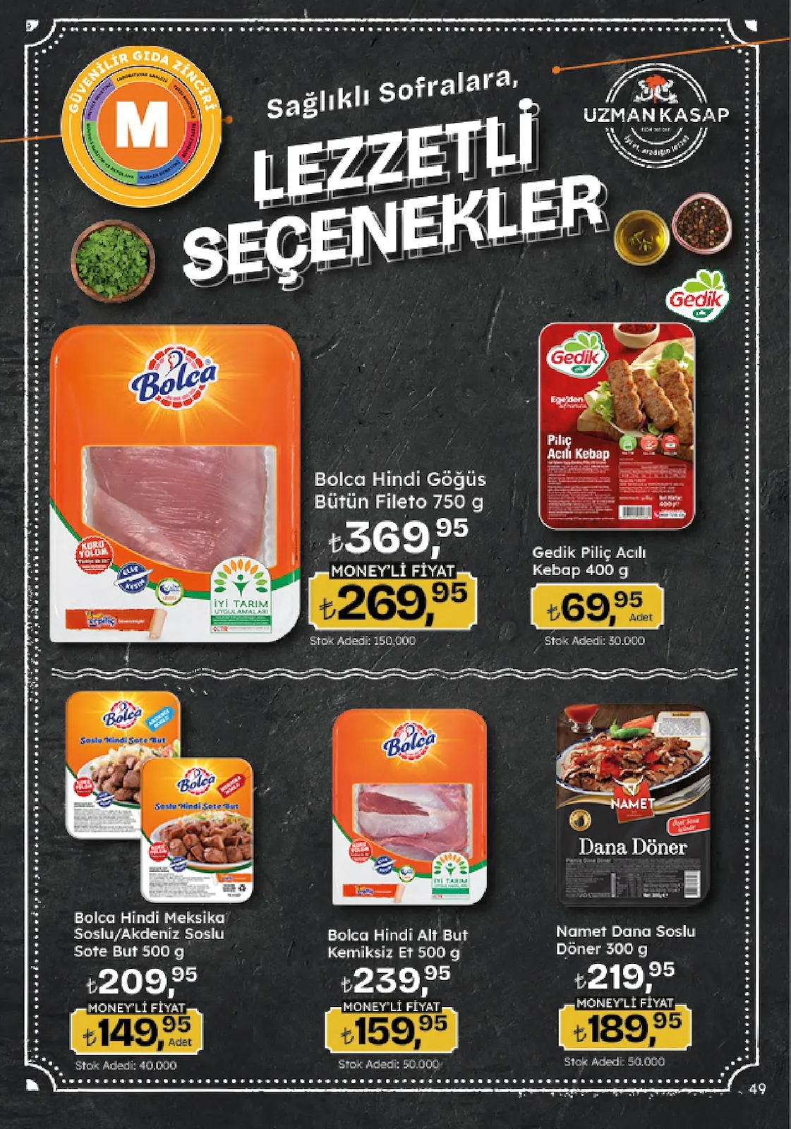 Migros Migros 4 Haziran 2026 Aktüel Kataloğu sayfa 49: Namet Dana Soslu Döner 300 G, Bolca Hindi Alt But Kemiksiz Et 500 G