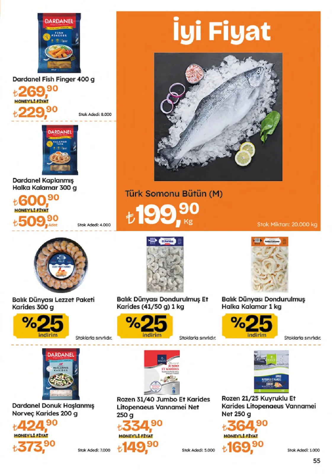Migros Migros 4 Haziran 2026 Aktüel Kataloğu sayfa 55: Türk Somonu Bütün (M) 1 Kg, Dardanel Kaplanmış Halka Kalamar 300 G