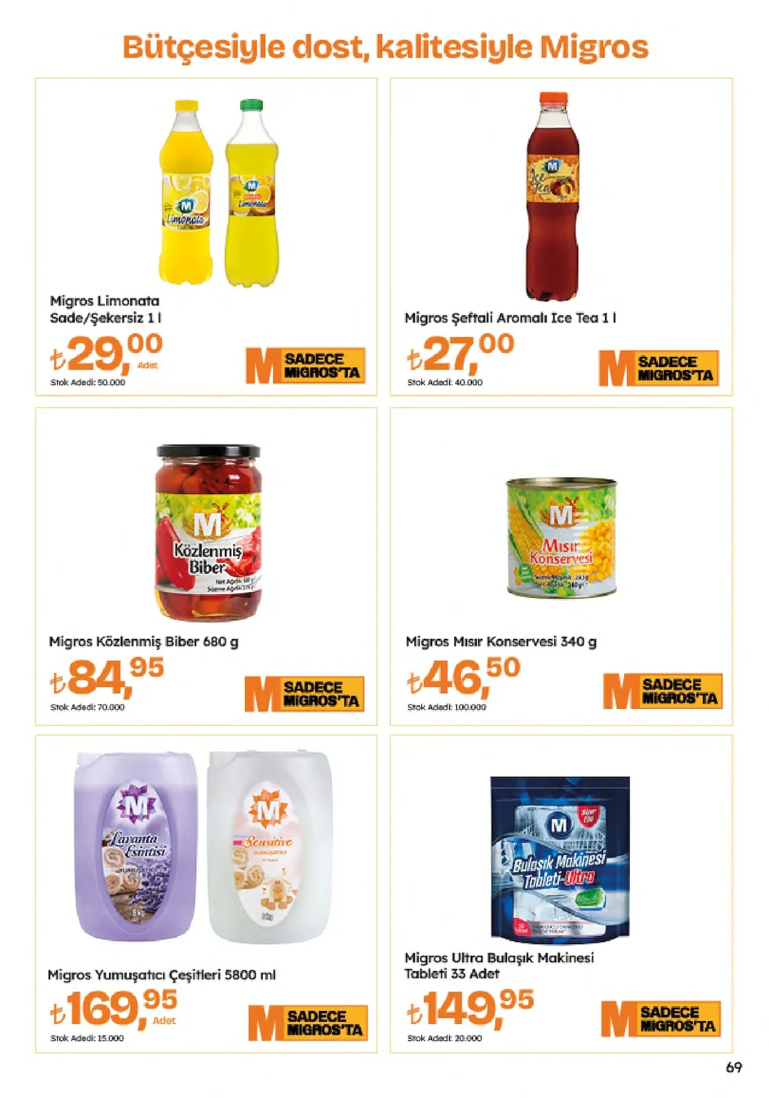 Migros Migros 4 Haziran 2026 Aktüel Kataloğu sayfa 69: Migros Limonata Sade/Sekersiz 1L, Migros Yumusatici Cesitleri 5800 Ml