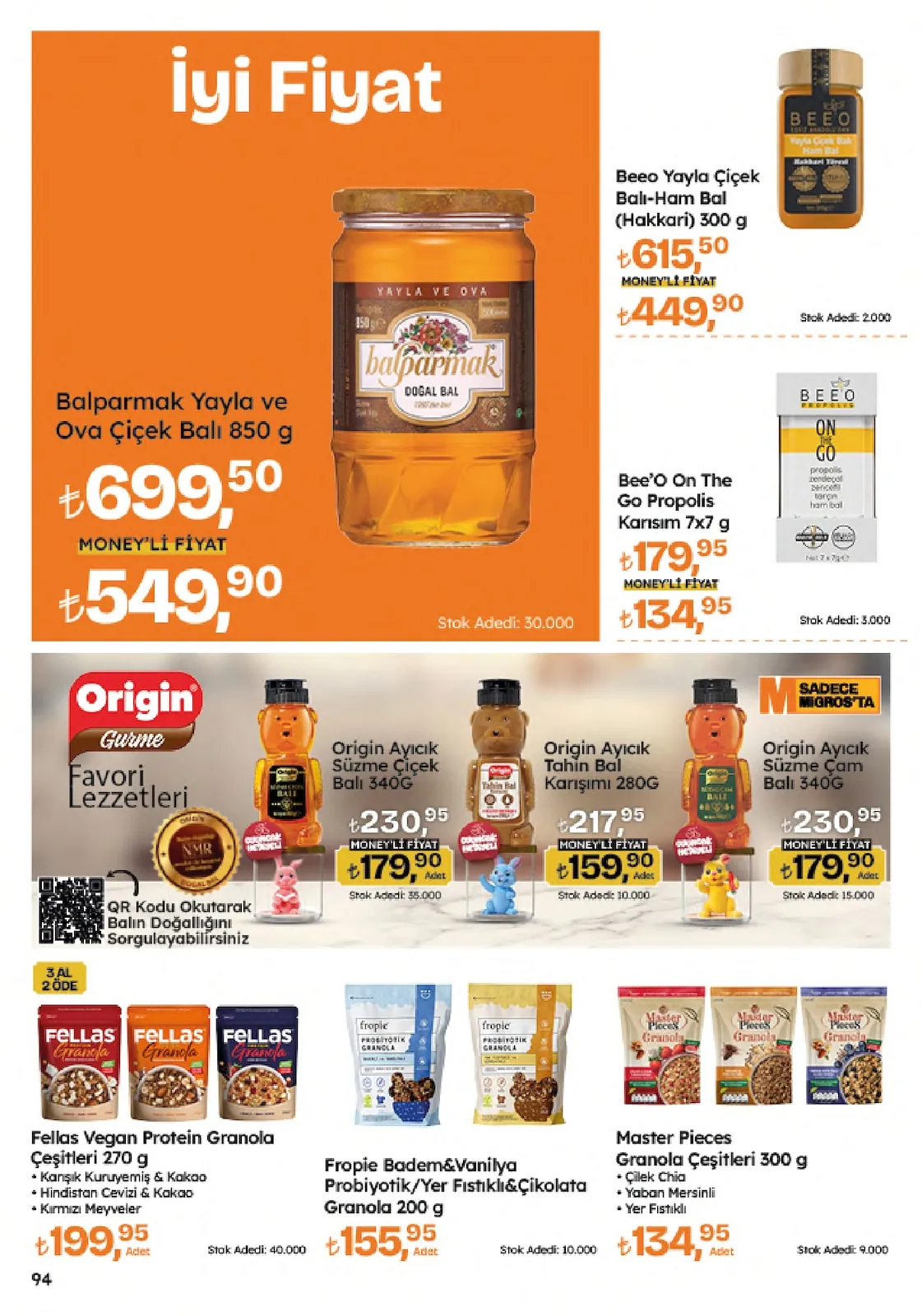 Migros Migros 4 Haziran 2026 Aktüel Kataloğu sayfa 94: Balparmak Yayla Ve Ova Çiçek Balı 850 G, Fropie Badem&Vanilya Probiyotik/Yer Fıstıklı&Çikolata Granola 200 G