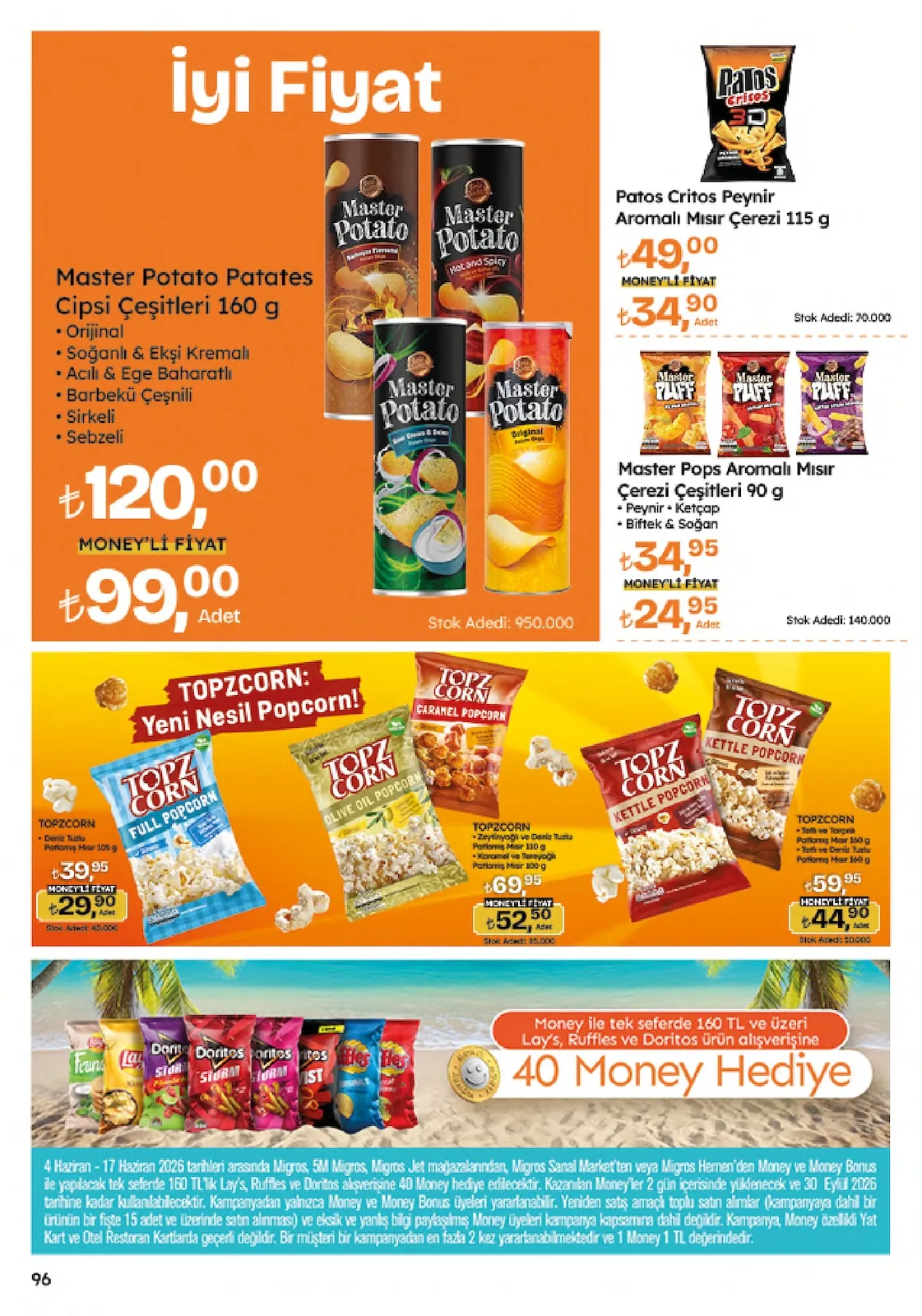 Migros Migros 4 Haziran 2026 Aktüel Kataloğu sayfa 96: Master Potato Patates Cipsi Çeşitleri 160 G, Patos Critos Peynir Aromalı Mısır Çerezi 115 G