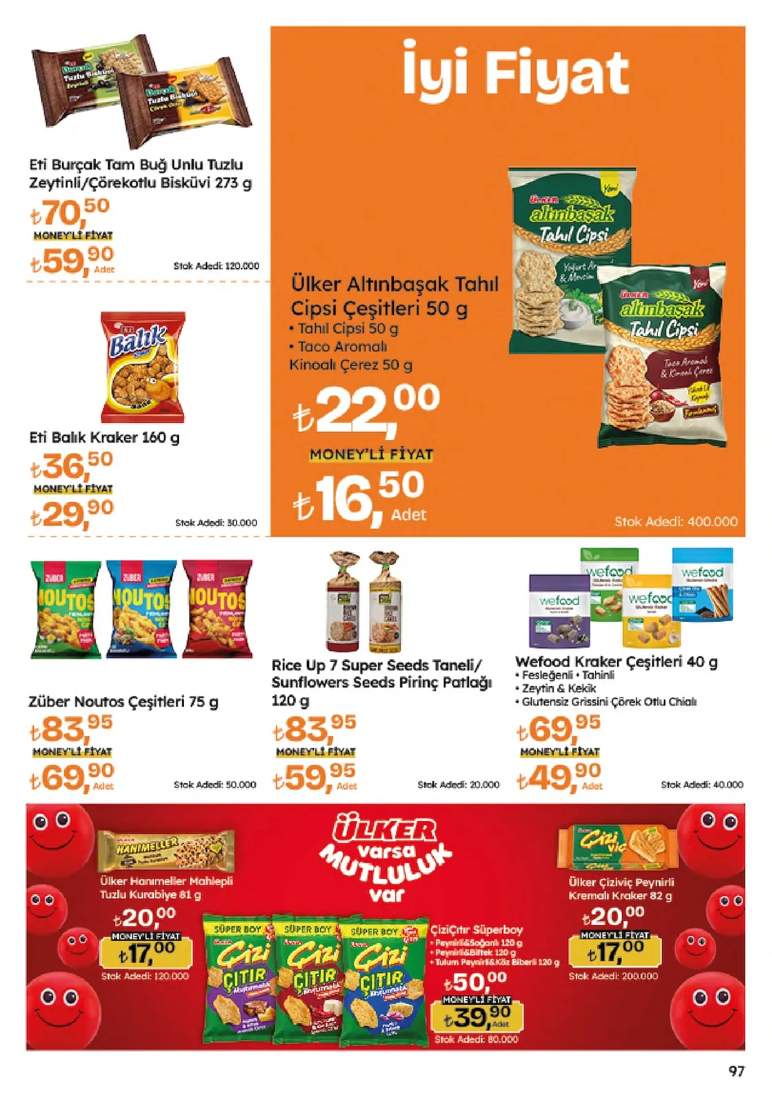 Migros Migros 4 Haziran 2026 Aktüel Kataloğu sayfa 97: Ülker Altınbaşak Tahıl Cipsi Çeşitleri 50 G, Rice Up 7 Super Seeds Taneli / Sunflowers Seeds Pirinç Patlağı 120 G