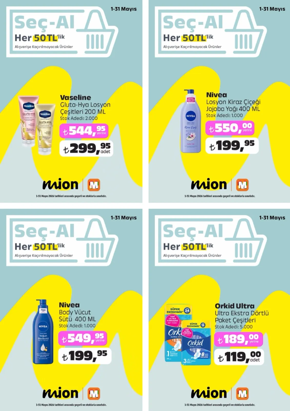 Mion Mion 1 Mayıs 2026 Aktüel Kataloğu sayfa 1: Orkid Ultra Ultra Ekstra Dörtlü Paket Çeşitleri, Vaseline Gluta-Hya Losyon Çeşitleri 200 Ml