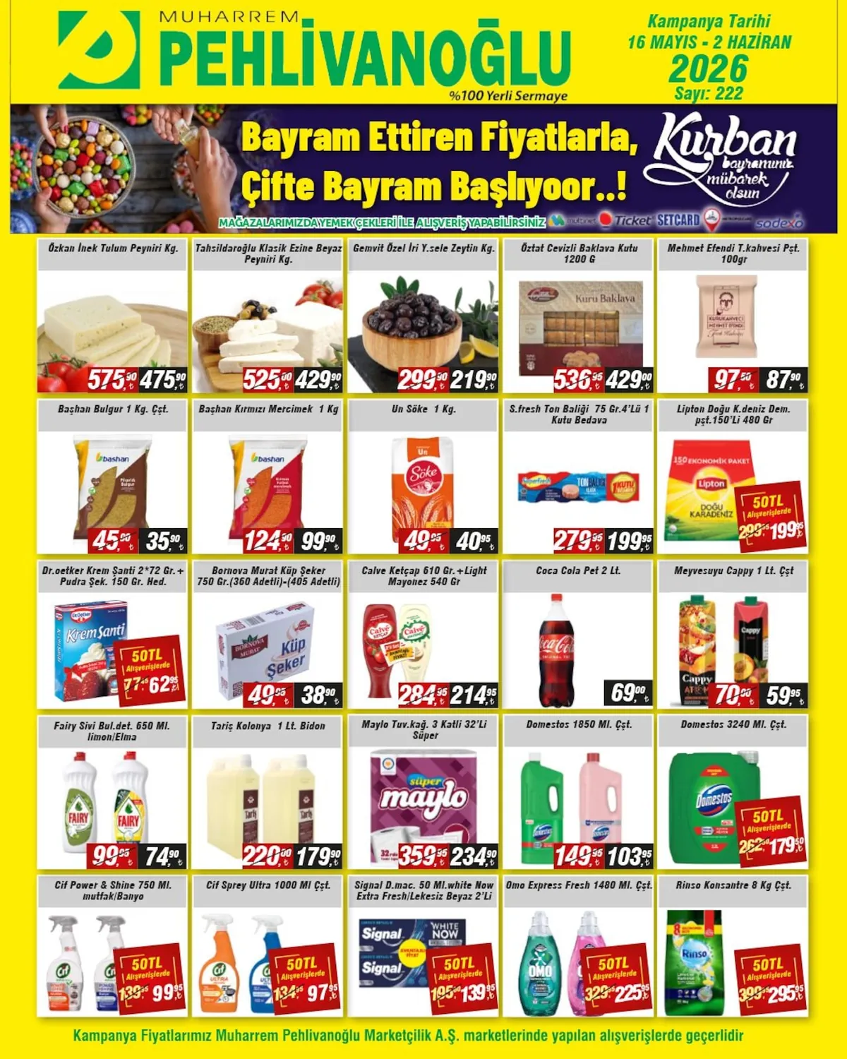 Muharrem Muharrem Pehlivanoğlu 16 Mayıs 2026 Aktüel Kataloğu sayfa 1: Gemvit Özel İri Y. Sele Zeytin Kg, Bornova Murat Küp Şeker 750 Gr.(360 Adetli)-(405 Adetli)