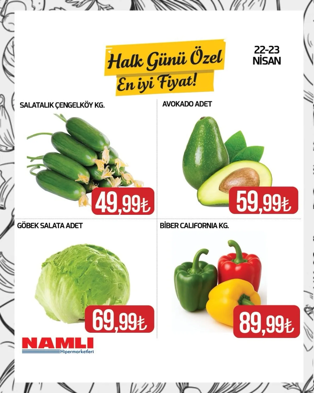 Namlı Namlı Hipermarketleri 22 Nisan 2026 Aktüel Kataloğu sayfa 3: Göbek Salata Adet, Biber California Kg.