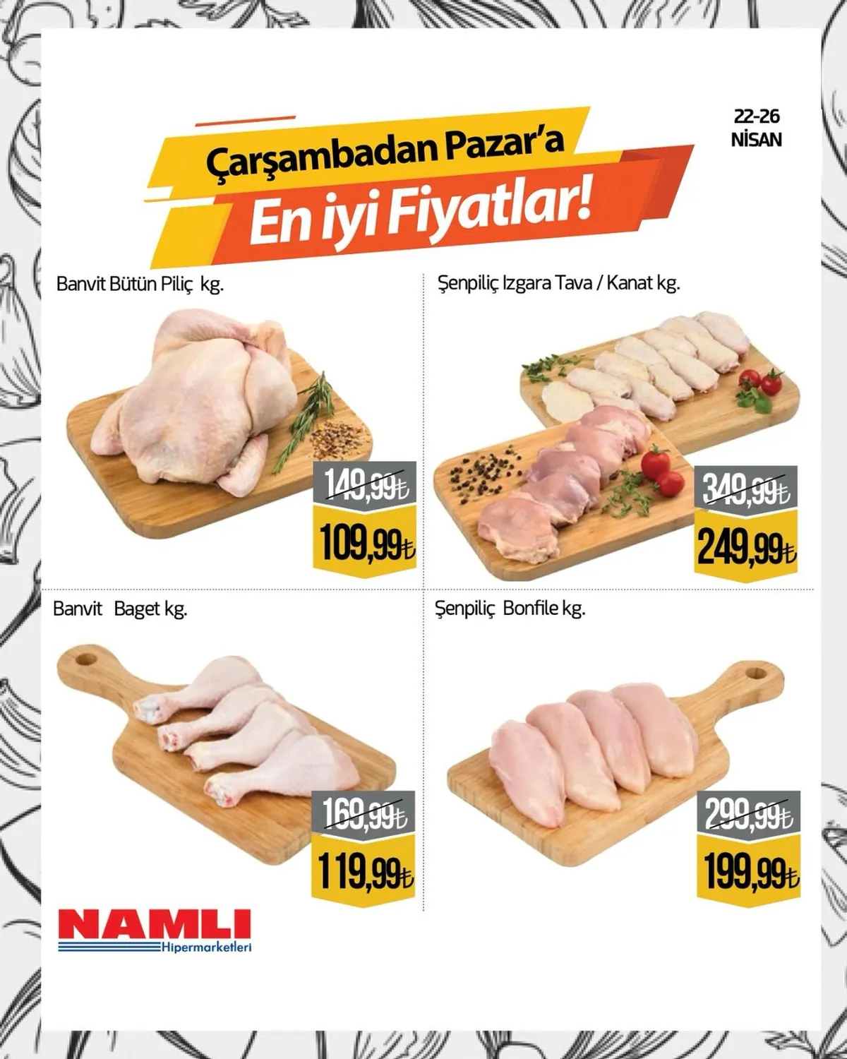 Namlı Namlı Hipermarketleri 22 Nisan 2026 Aktüel Kataloğu sayfa 1: Banvit Baget Kg., Şenpiliç Bonfile Kg.