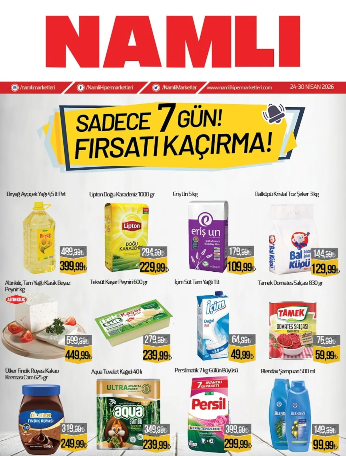 Namlı Namlı Hipermarketleri 24 Nisan 2026 Aktüel Kataloğu sayfa 1: Biryag Ayçiçek Yaği 4,5 Lt Pet, Persilmatic 7 Kg Gülün Büyüsü