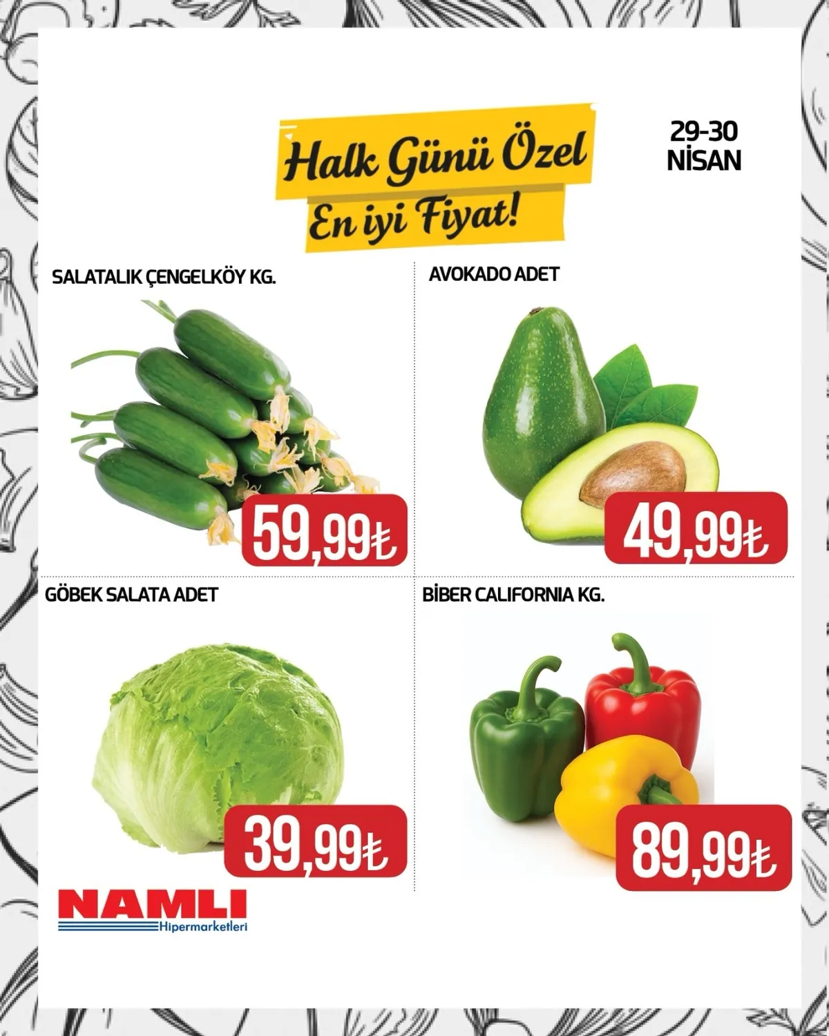 Namlı Namlı Hipermarketleri 29 Nisan 2026 Aktüel Kataloğu sayfa 1: Göbek Salata Adet, Biber California Kg