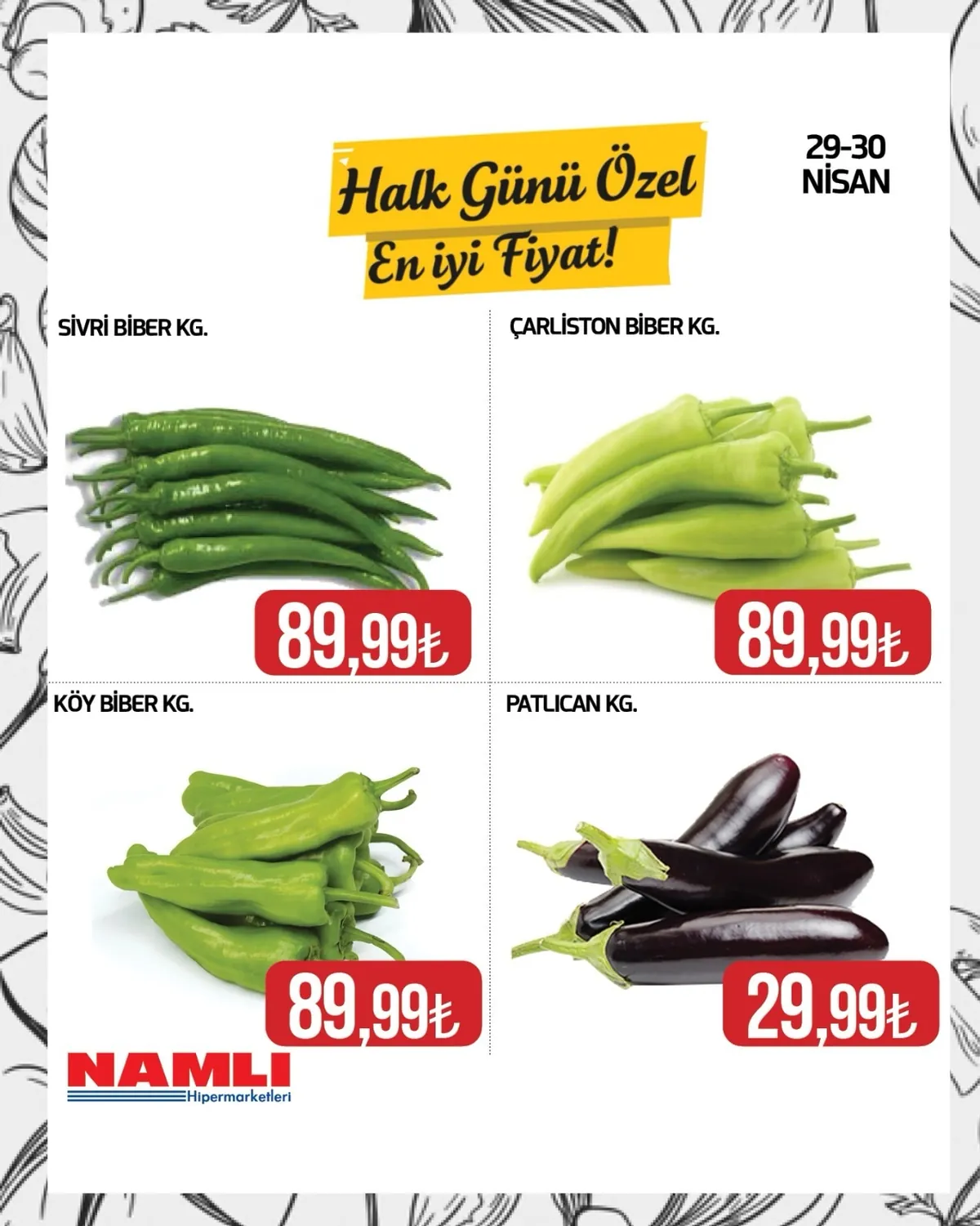 Namlı Namlı Hipermarketleri 29 Nisan 2026 Aktüel Kataloğu sayfa 3: Patlican Kg., Köy Biber Kg.