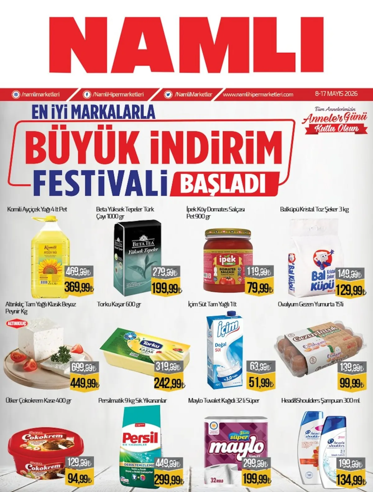 Namlı Namlı Hipermarketleri 8 Mayıs 2026 Aktüel Kataloğu sayfa 1: Gezem Yumurta Ovakivum 15Li, Komili Ayçiçek Yaği 4 Lt