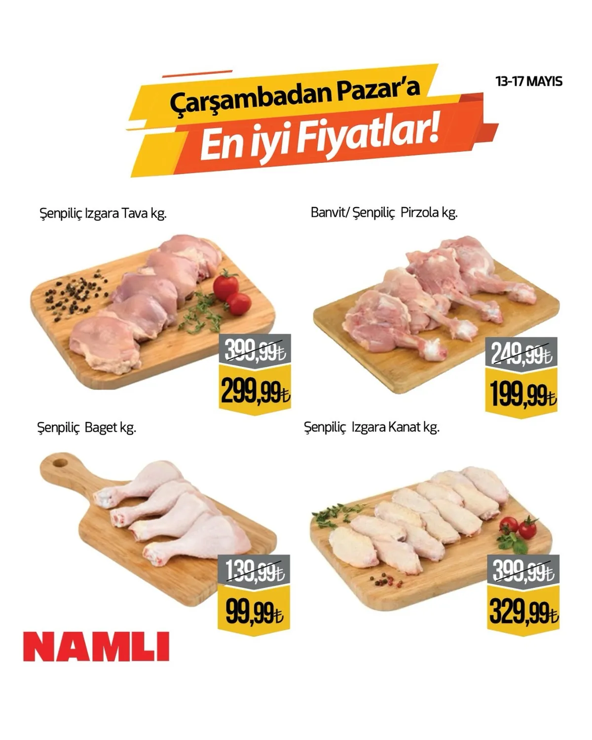 Namlı Namlı Hipermarketleri 13 Mayıs 2026 Aktüel Kataloğu sayfa 1: Tavuk Baget Kg, Tavuk Kanat Kg