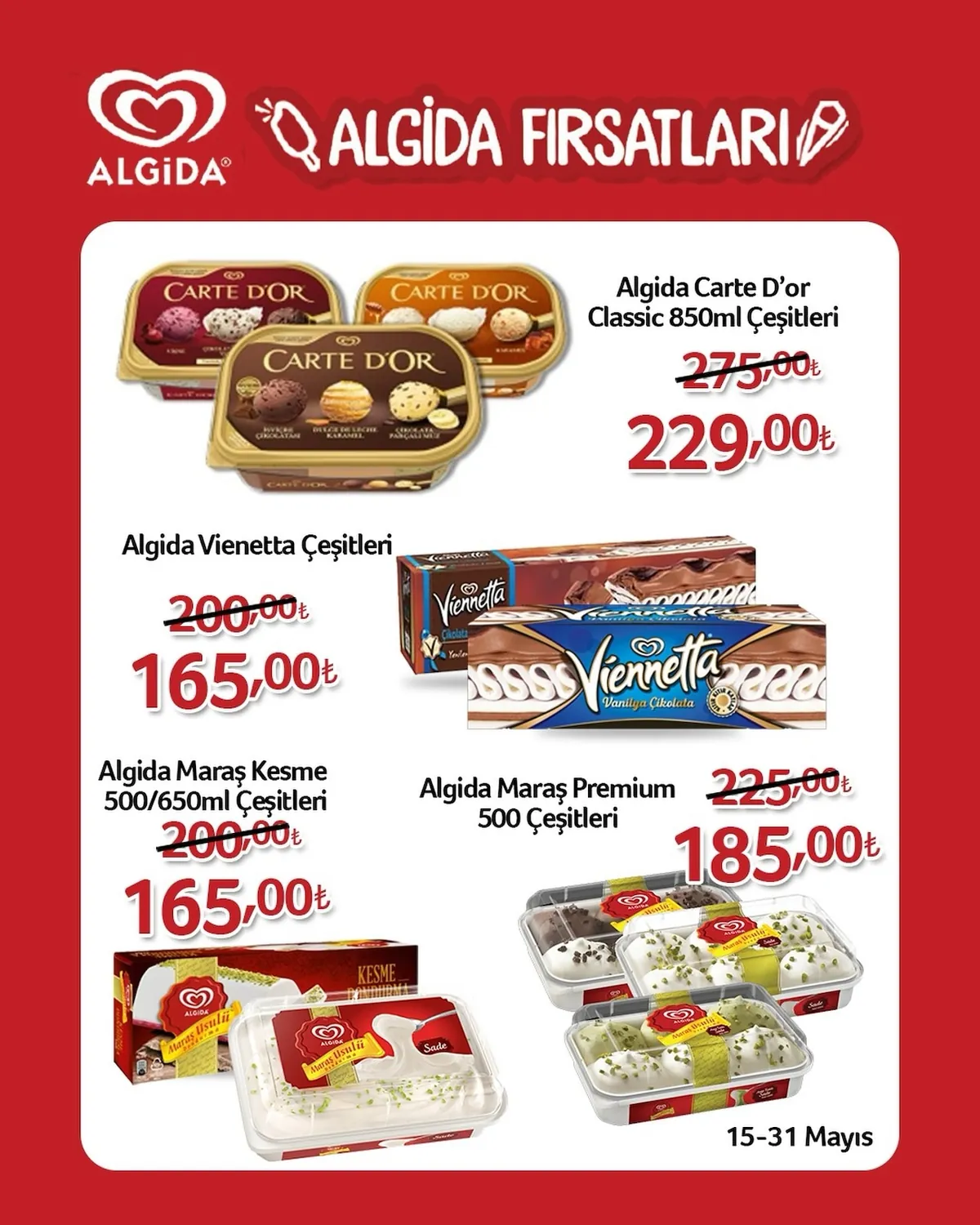 Namlı Namlı Hipermarketleri 15 Mayıs 2026 Aktüel Kataloğu sayfa 2: Algida Maraş Kesme 500/650Ml Çeşitleri, Algida Carte D'Or Classic 850Ml Çeşitleri