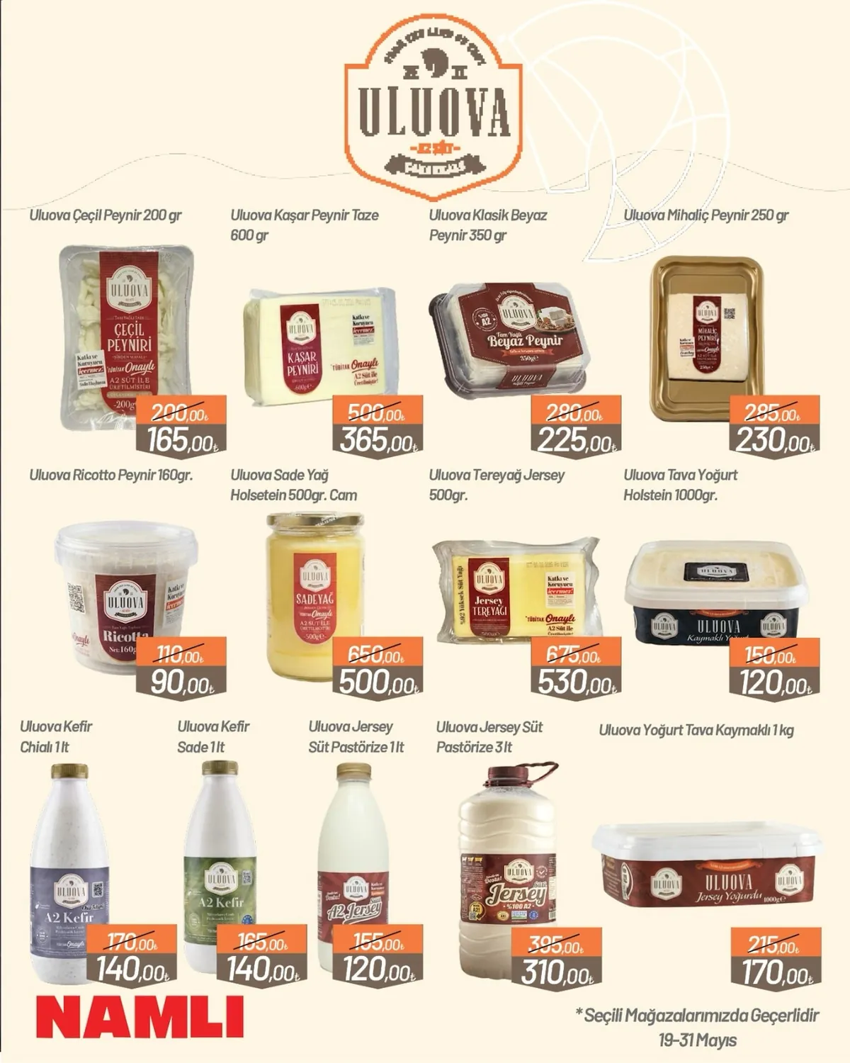Namlı Namlı Hipermarketleri 19 Mayıs 2026 Aktüel Kataloğu sayfa 1: Uluova Tam Yagli Beyaz Peynir 350G, Uluova Kasar Peyniri 600G