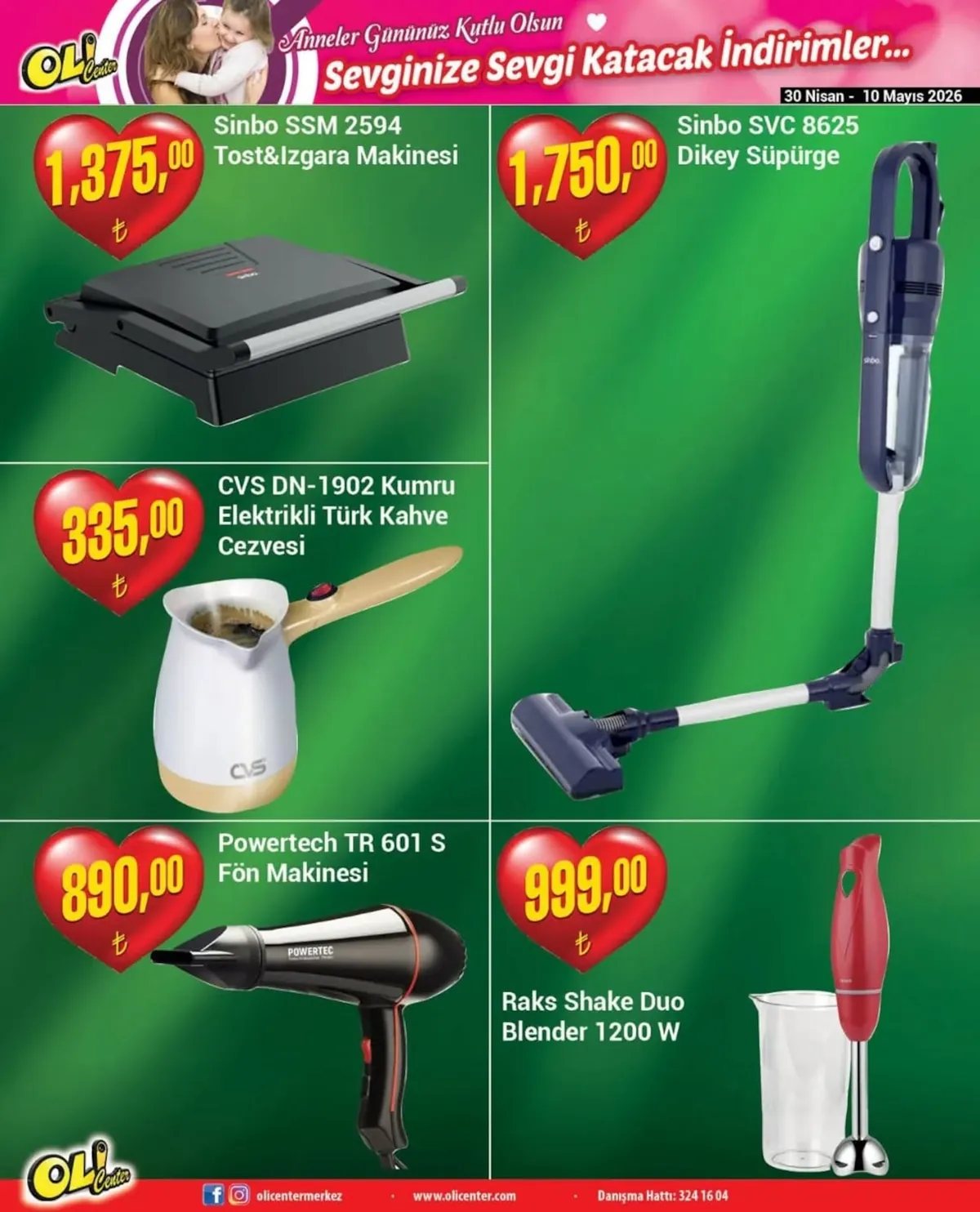 Oli Oli Center 30 Nisan 2026 Aktüel Kataloğu sayfa 1: Raks Shake Duo Blender 1200 W, Sinbo Ssm 2594 Tost&Izgara Makinesi