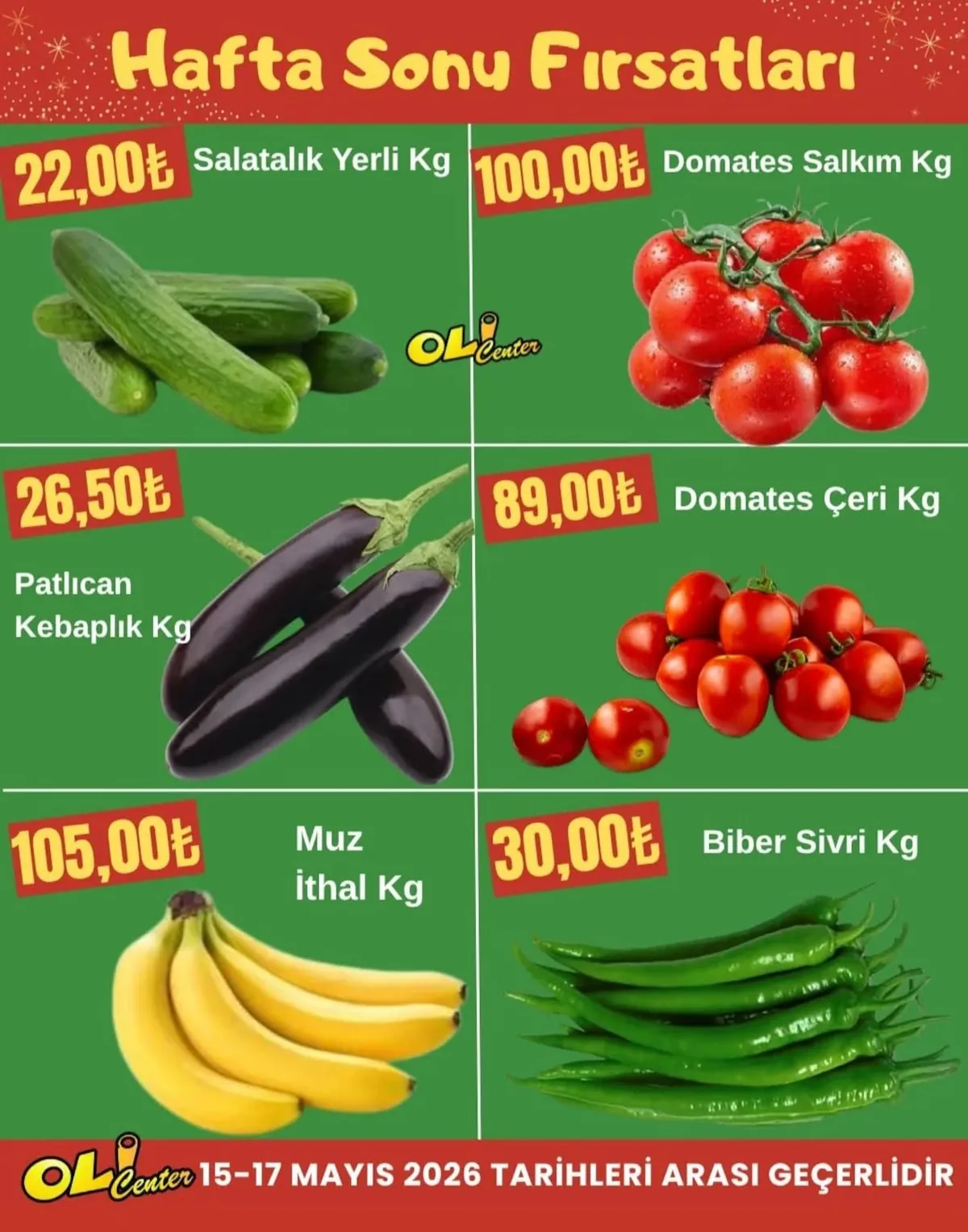 Oli Oli Center 15 Mayıs 2026 Aktüel Kataloğu sayfa 1: Patlıcan Kebaplık Kg, Muz İthal Kg