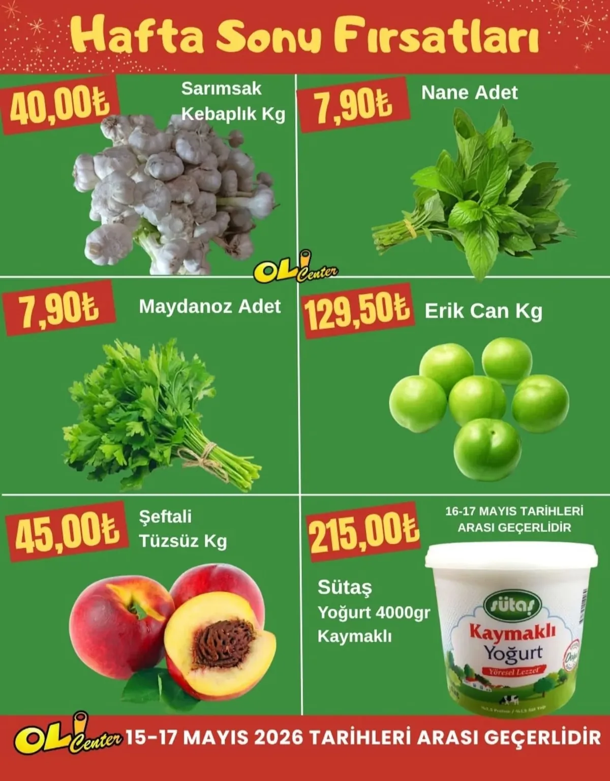 Oli Oli Center 15 Mayıs 2026 Aktüel Kataloğu sayfa 2: Sütaş Yoğurt 4000Gr Kaymaklı, Şeftali Düzzüz Kg