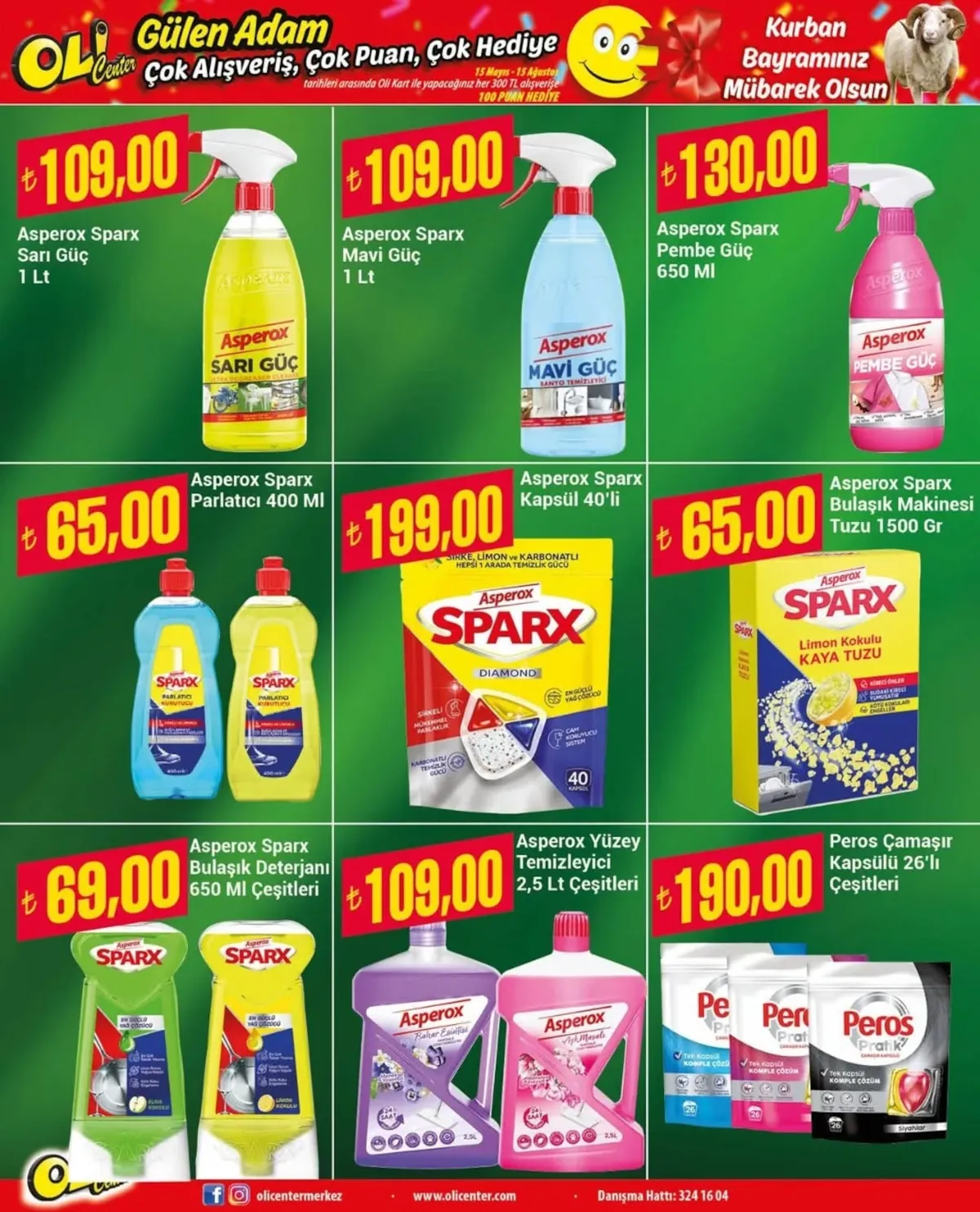 Oli Oli Center 15 Mayıs 2026 Aktüel Kataloğu sayfa 11: Asperox Yüzey Temizleyici 2,5 Lt Çeşitleri, Asperox Sparx Bulaşık Deterjanı 650 Ml Çeşitleri