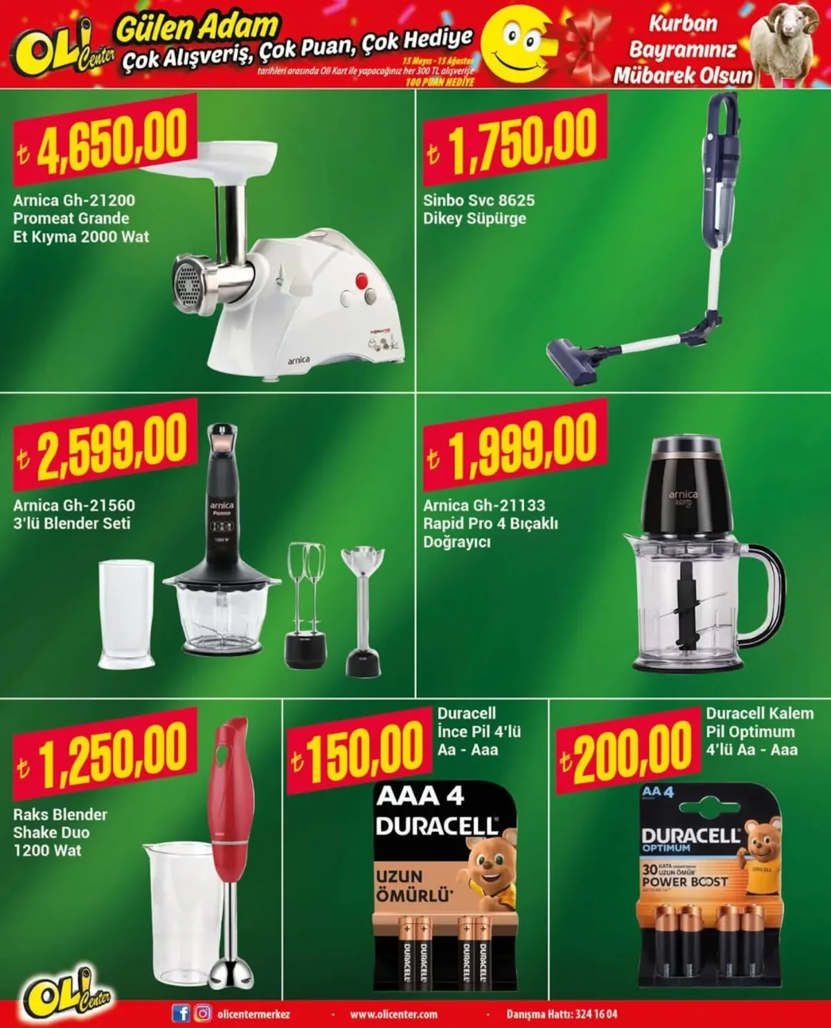 Oli Oli Center 15 Mayıs 2026 Aktüel Kataloğu sayfa 18: Arnica Gh-21200 Promeat Grande Et Kıyma 2000 Wat, Duracell Ince Pil 4'Lü Aa - Aaa
