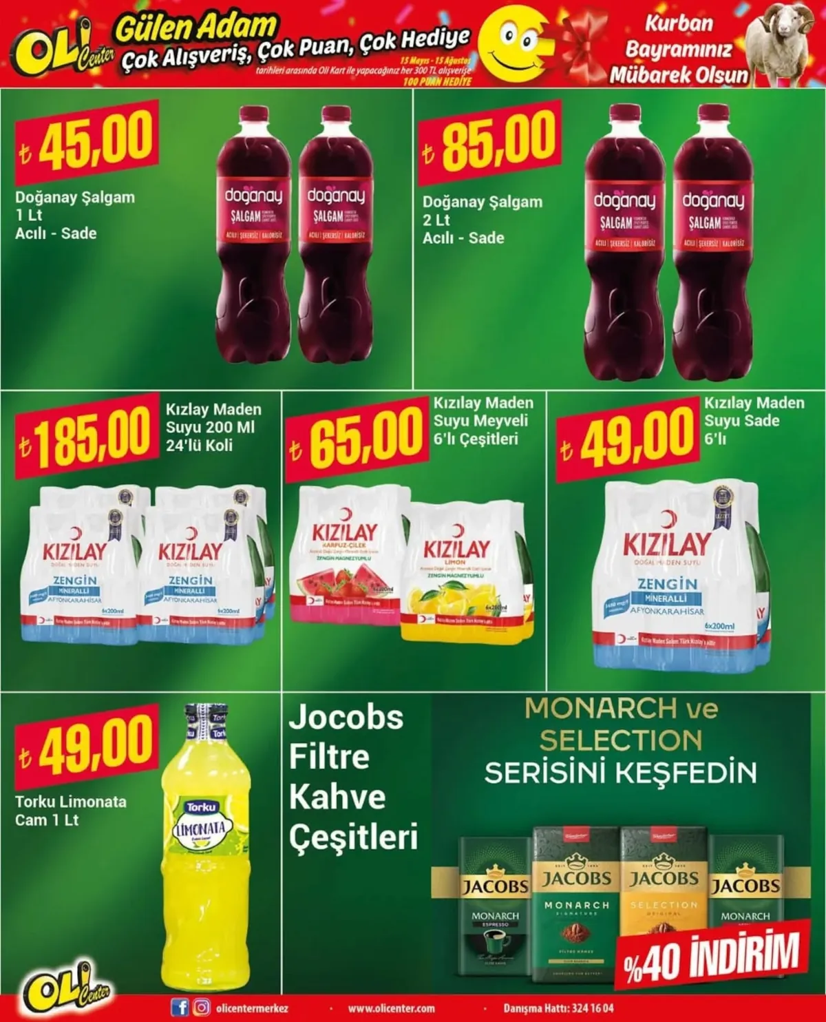 Oli Oli Center 15 Mayıs 2026 Aktüel Kataloğu sayfa 6: Torku Limonata Cam 1 Lt, Kızılay Maden Suyu Meyveli 6'Lı Çeşitleri
