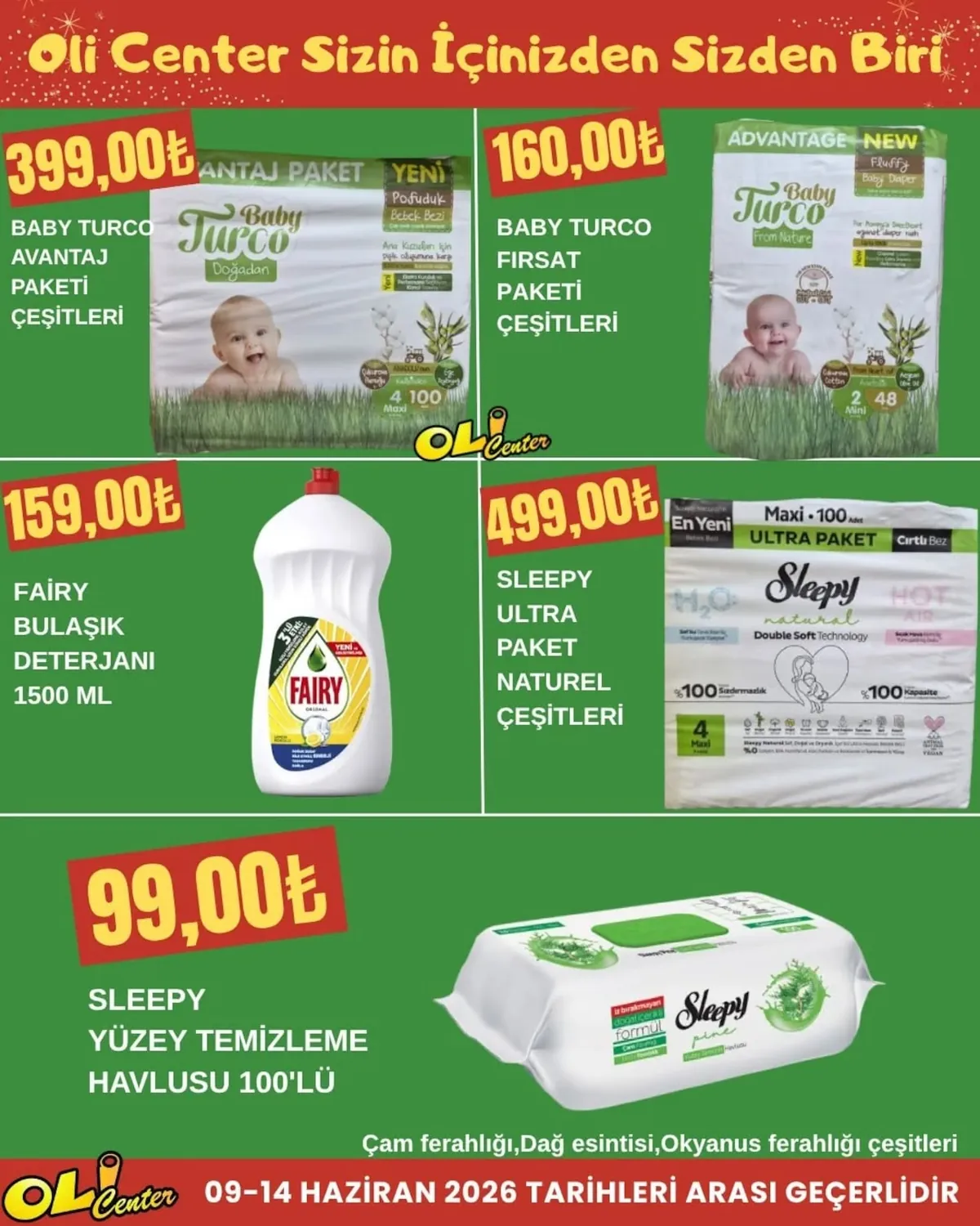 Oli Oli Center 9 Haziran 2026 Aktüel Kataloğu sayfa 1: Sleepy Ultra Paket Naturel 100 Adet, Fairy Bulaşik Deterjani 1500 Ml