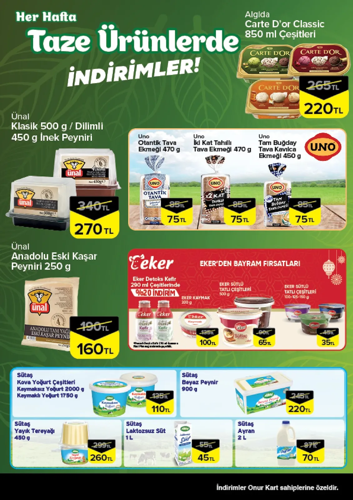 Onur Onur Market 19 Mart 2026 Aktüel Kataloğu sayfa 3: Eker Sütlü Tatlı Çeşitleri 100-125-150 G, Sütaş Yayık Tereyağı 450 G