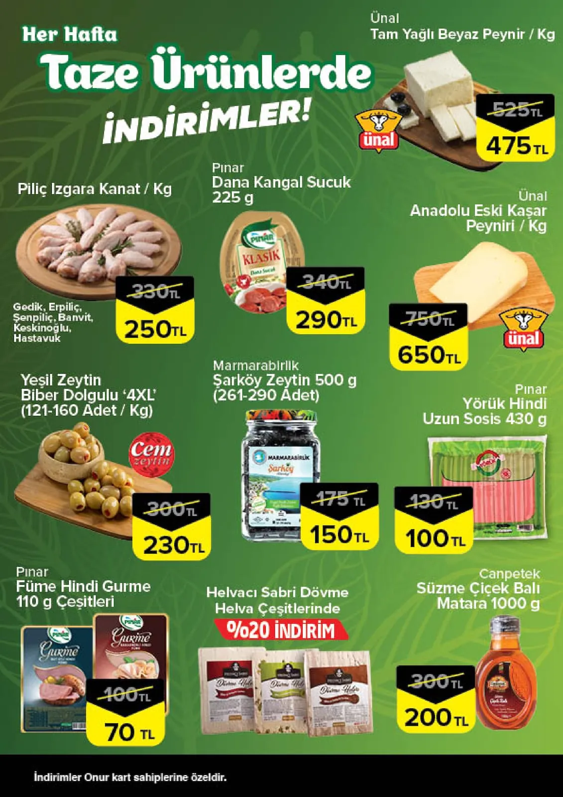 Onur Onur Market 23 Nisan 2026 Aktüel Kataloğu sayfa 2: Pinar Yörük Hindi Uzun Sosis 430 G, Ünal Anadolu Eski Kaşar Peyniri / Kg