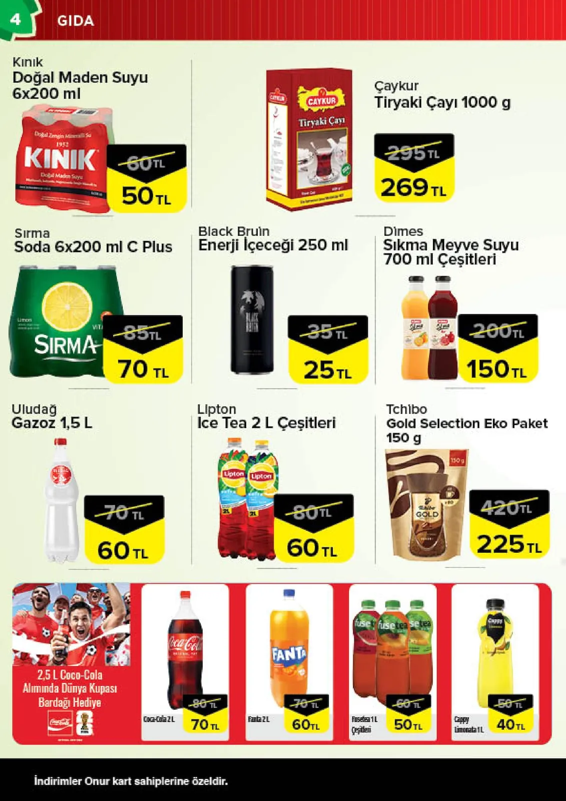 Onur Onur Market 2 Haziran 2026 Aktüel Kataloğu sayfa 4: Fuse Tea 1L Çeşitleri, Cappy Limonata 1L