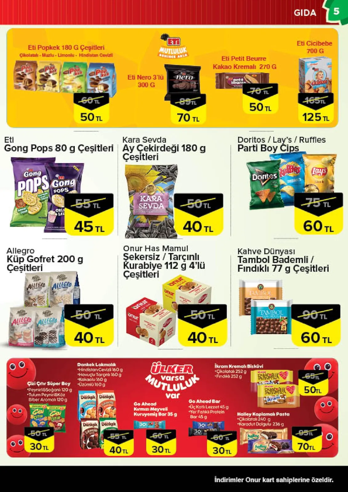 Onur Onur Market 2 Haziran 2026 Aktüel Kataloğu sayfa 5: Eti Nero 3'Lü 300 G, Go Ahead Kirmizi Meyveli Kuruyemiş Bar 35 G