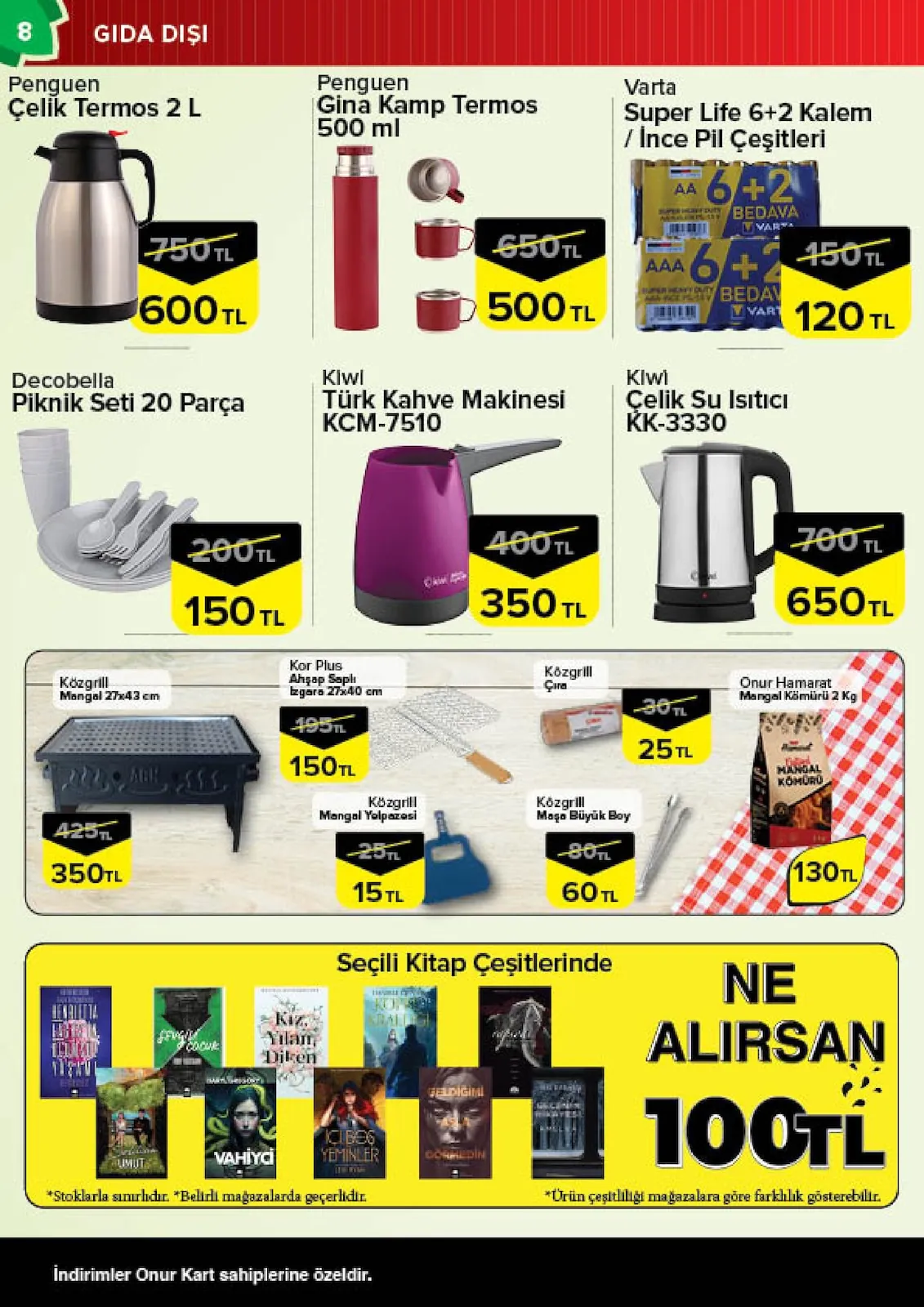 Onur Onur Market 2 Haziran 2026 Aktüel Kataloğu sayfa 8: Kiwi Türk Kahve Makinesi Kcm-7510, Penguen Gina Kamp Termos 500 Ml