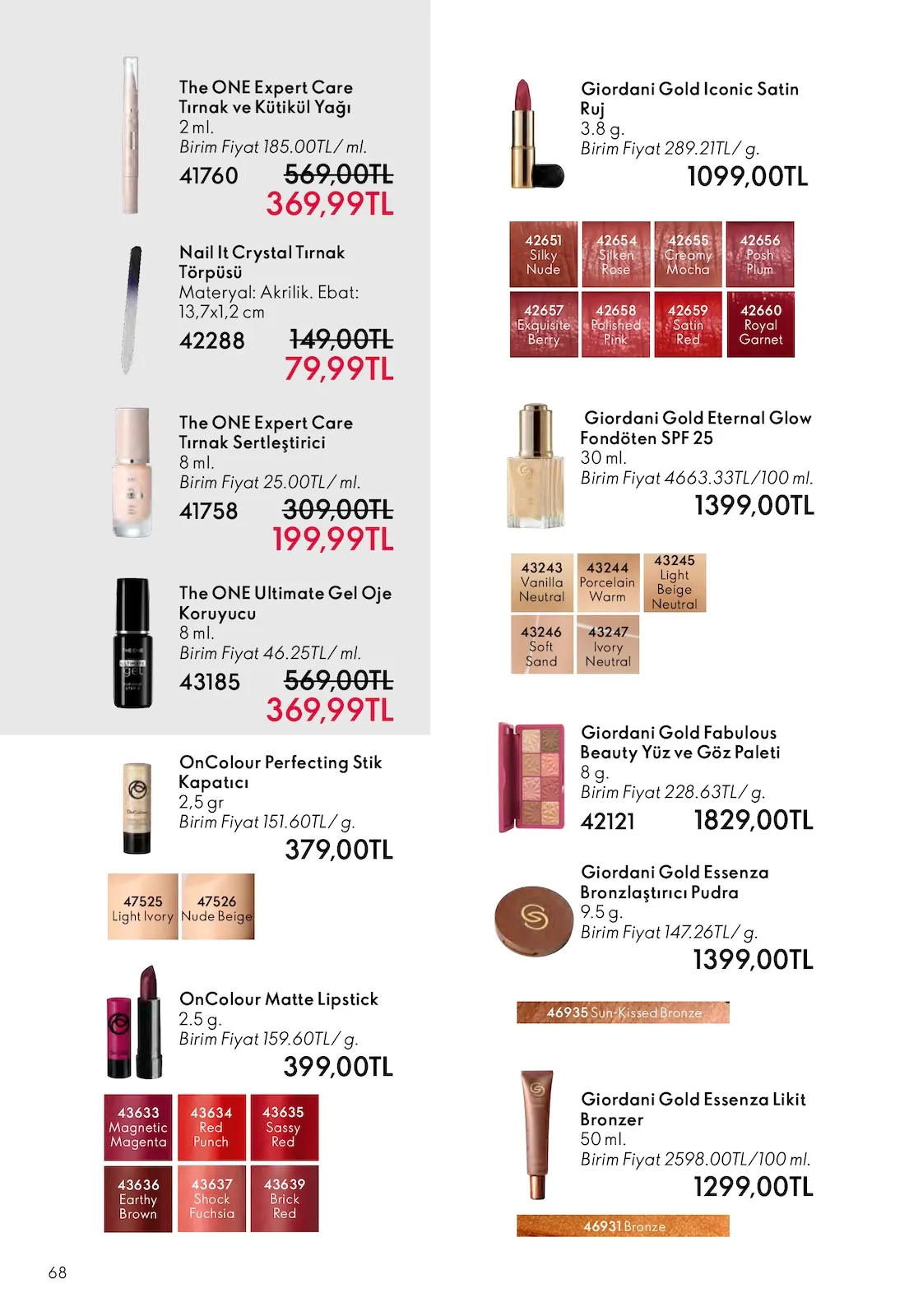 Oriflame Oriflame 1 Şubat 2026 Aktüel Kataloğu sayfa 68: Giordani Gold Fabulous Beauty Yüz Ve Göz Paleti 8 G., The One Ultimate Gel Oje Koruyucu 8 Ml.