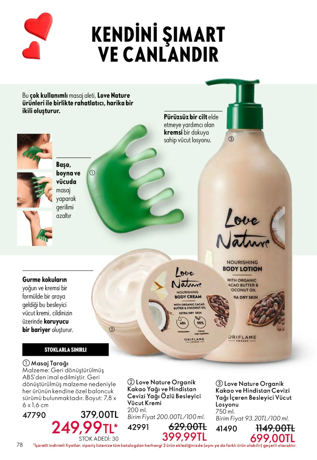 Oriflame Oriflame 1 Şubat 2026 Aktüel Kataloğu sayfa 78: Masaj Tarağı, Love Nature Organik Kakao Yağı Ve Hindistan Cevizi Yağı Özlü Besleyici Vücut Kremi 200 Ml