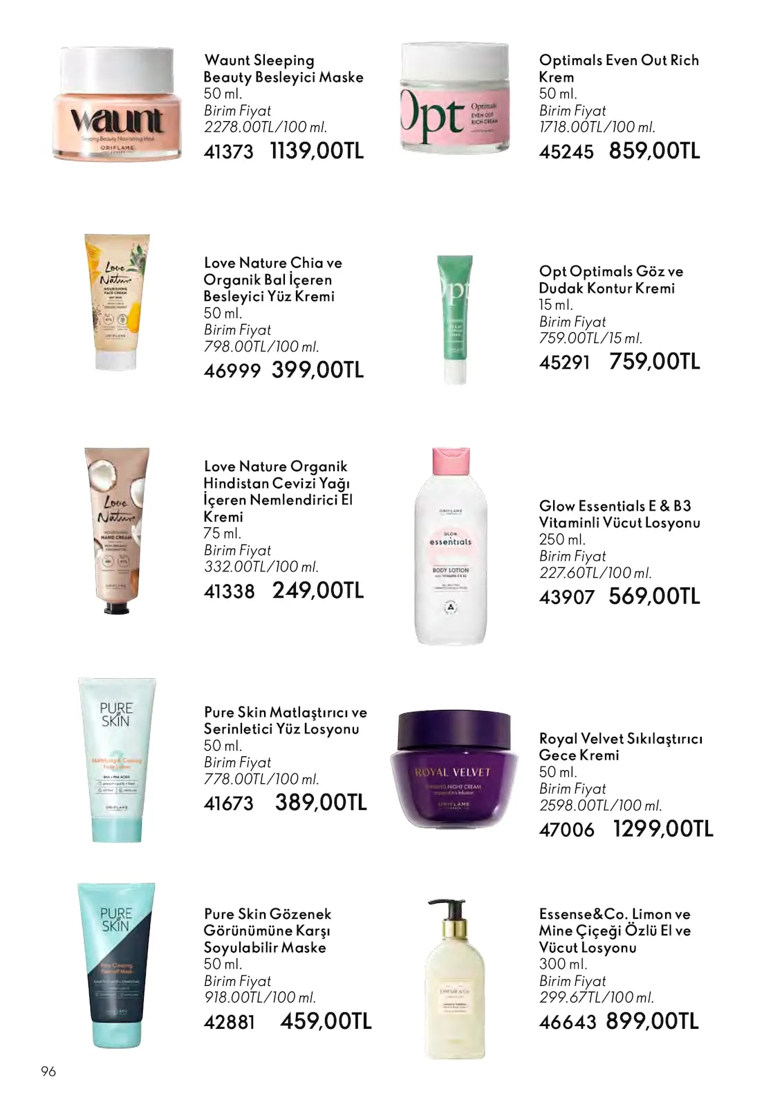 Oriflame Oriflame 1 Şubat 2026 Aktüel Kataloğu sayfa 96: Glow Essentials E & B3 Vitaminli Vücut Losyonu 250 Ml, Pure Skin Matlaştırıcı Ve Serinletici Yüz Losyonu 50 Ml