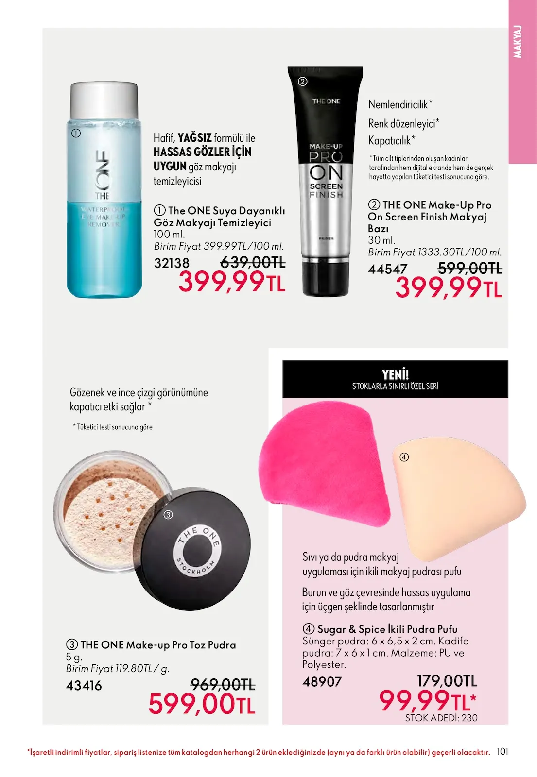 Oriflame Oriflame 1 Mart 2026 Aktüel Kataloğu sayfa 101: The One Make-Up Pro Toz Pudra 5 G., The One Suya Dayanıklı Göz Makyajı Temizleyici 100 Ml.
