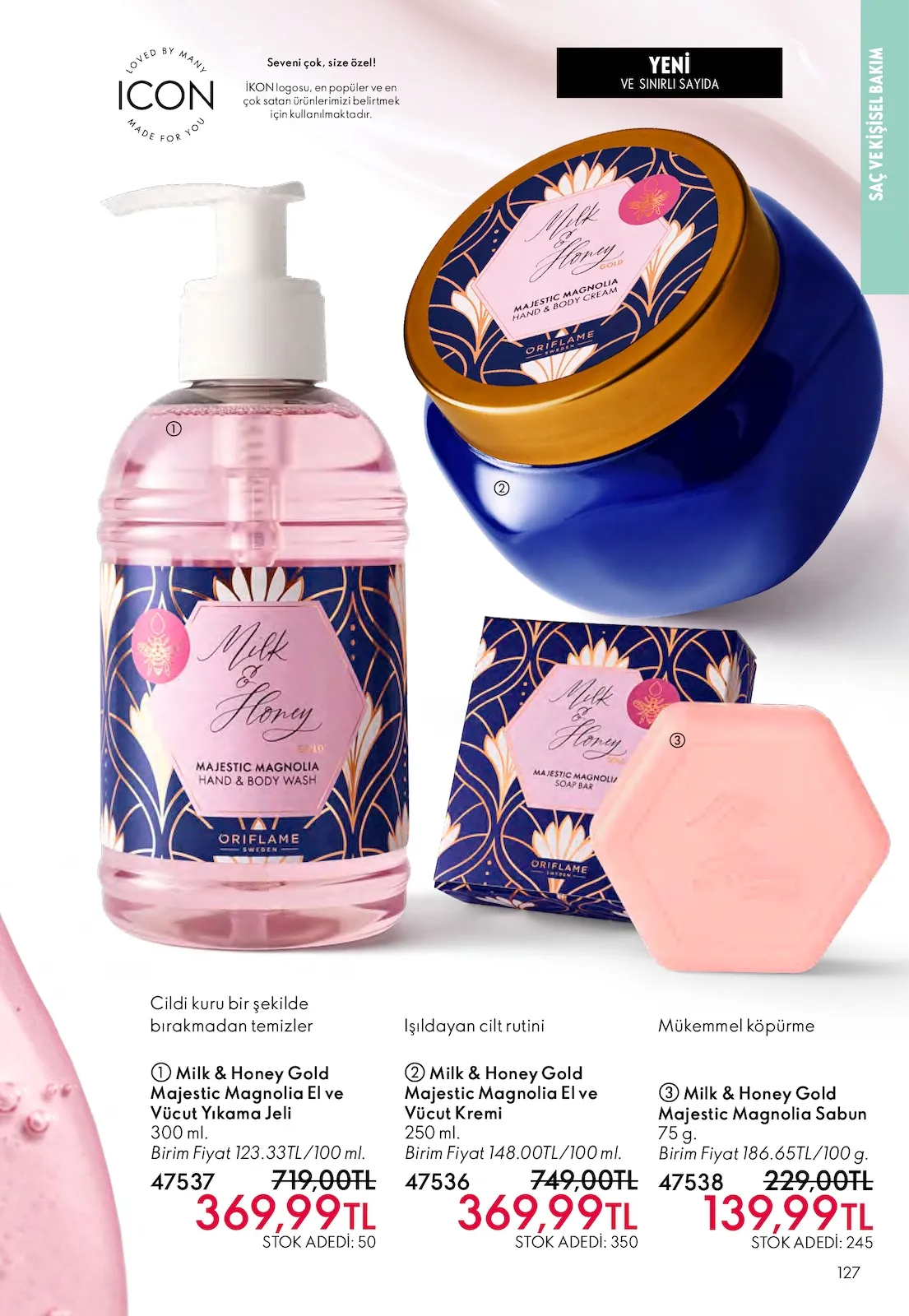 Oriflame Oriflame 1 Mart 2026 Aktüel Kataloğu sayfa 127: Milk & Honey Gold Majestic Magnolia Sabun 75 G, Milk & Honey Gold Majestic Magnolia El Ve Vücut Yıkama Jeli 300 Ml