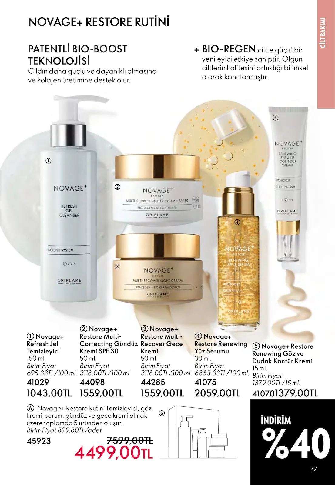 Oriflame Oriflame 1 Mart 2026 Aktüel Kataloğu sayfa 77: Novage+ Restore Renewing Yüz Serumu 30 Ml, Novage+ Restore Multi-Correcting Gündüz Kremi Spf 30 50 Ml