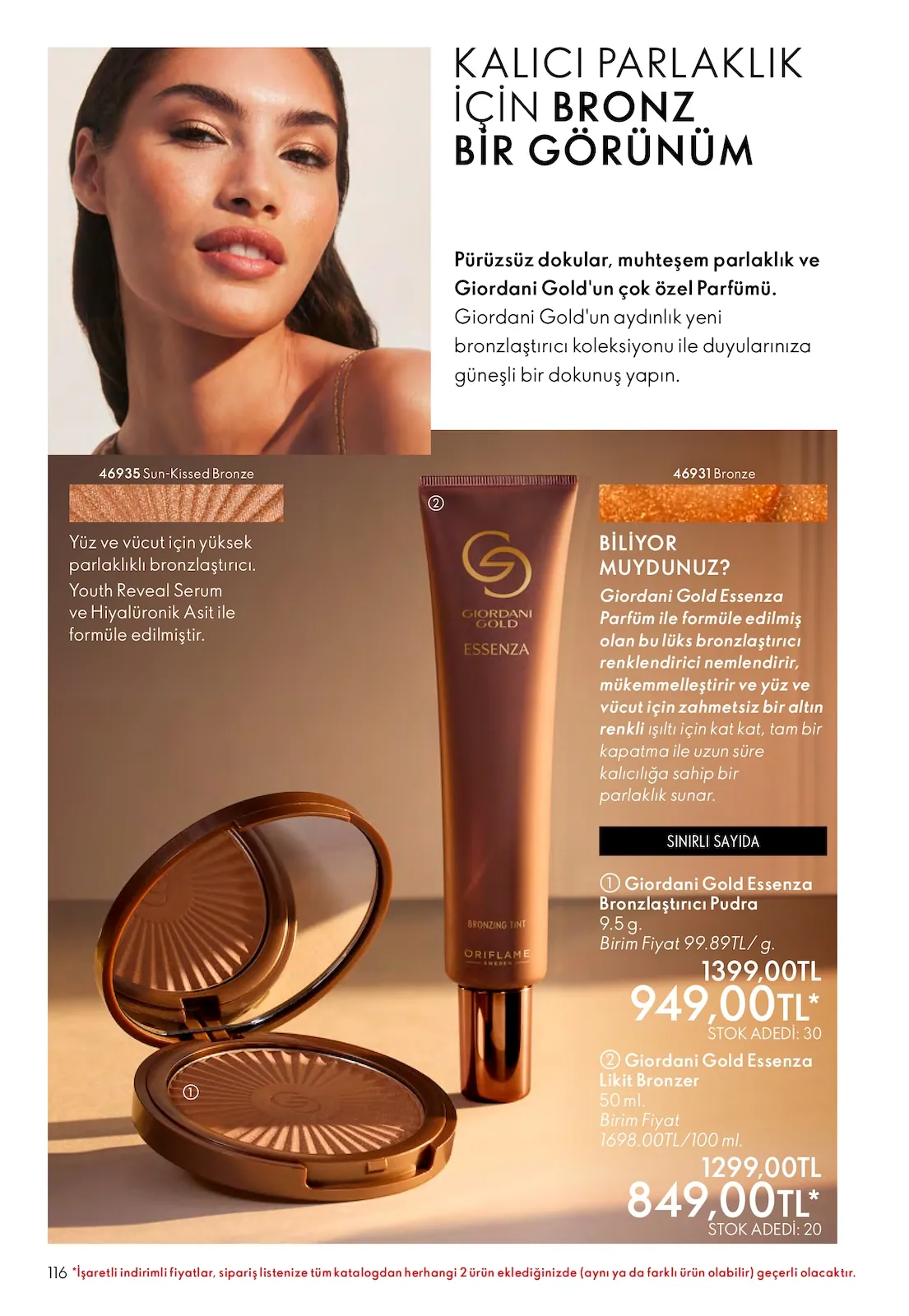 Oriflame Oriflame 1 Nisan 2026 Aktüel Kataloğu sayfa 116: Giordani Gold Sun-Kissed Bronze, Giordani Gold Essenza Bronzlaştırıcı Pudra 9.5 G.