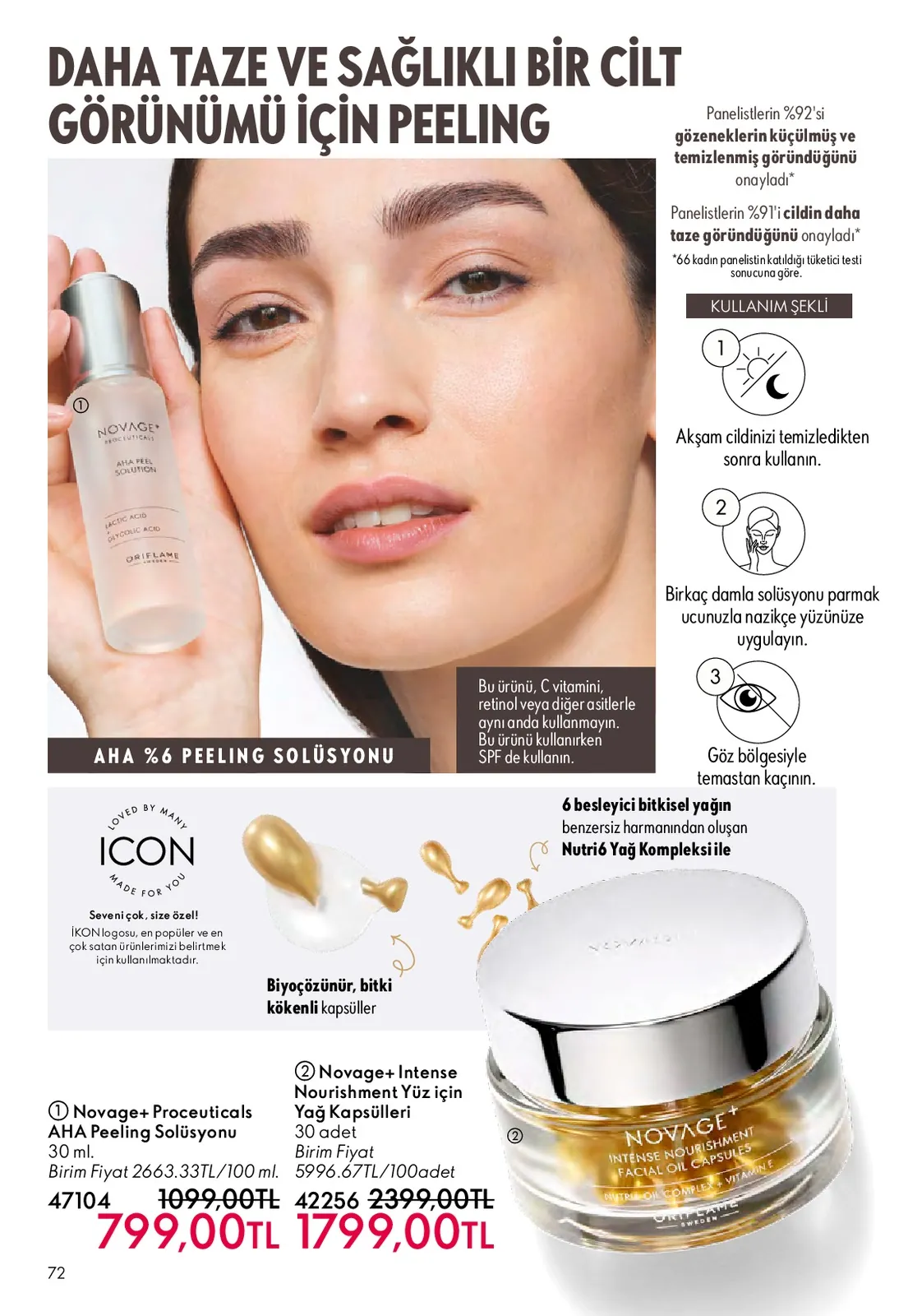 Oriflame Oriflame 1 Mayıs 2026 Aktüel Kataloğu sayfa 72: Novage+ Proceuticals Aha Peeling Çözeltisi 30 Ml, Novage+ Intense Nourishment Yüz İçin Yağ Kapsülleri 30 Adet