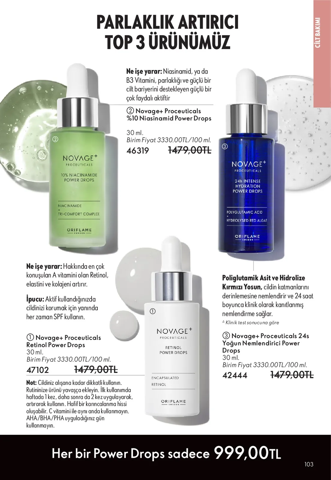 Oriflame Oriflame 1 Haziran 2026 Aktüel Kataloğu sayfa 103: Novage+ Proceuticals Retinol Power Drops 30Ml, Novage+ Proceuticals %10 Niasinamid Power Drops 30Ml