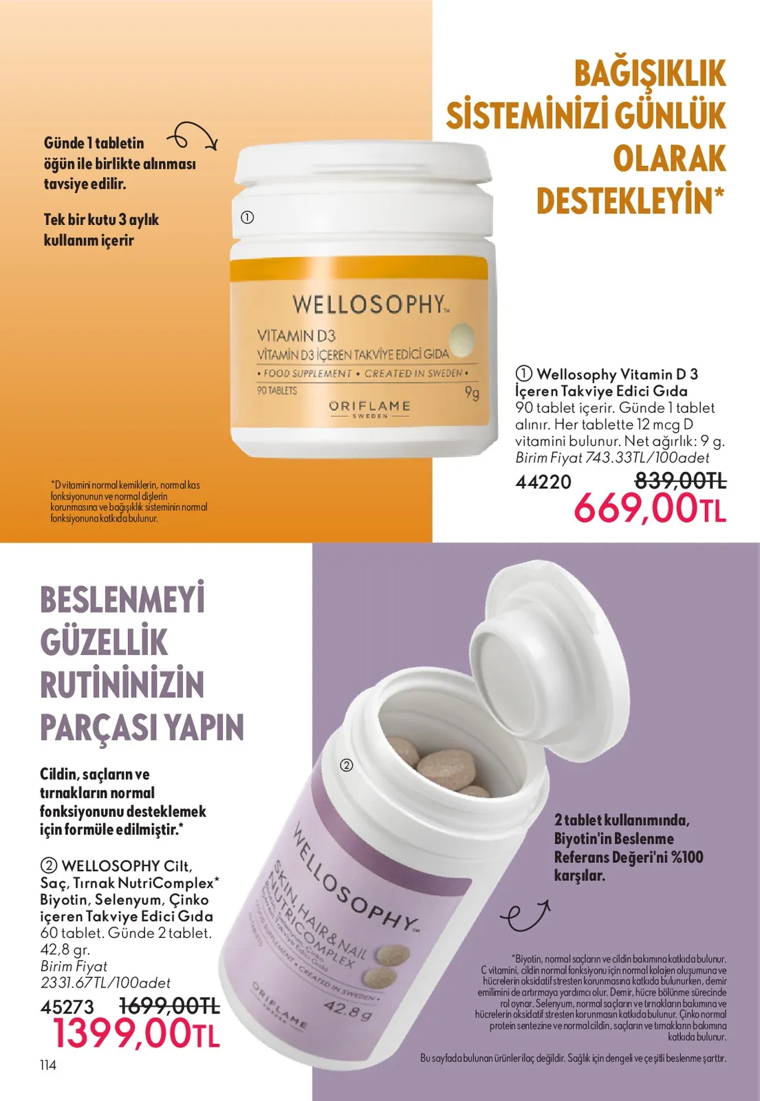 Oriflame Oriflame 1 Haziran 2026 Aktüel Kataloğu sayfa 114: Wellosophy Vitamin D3 90 Tablet, Wellosophy Cilt, Saç, Tırnak Nutricomplex 60 Tablet