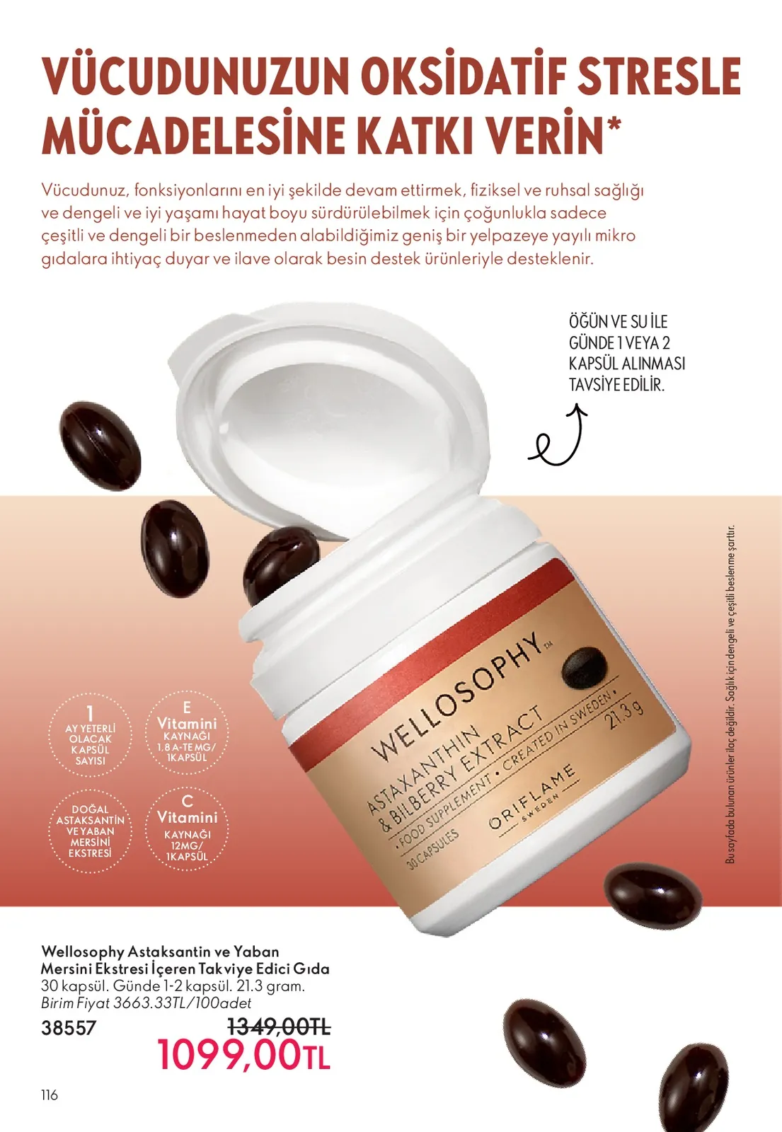 Oriflame Oriflame 1 Haziran 2026 Aktüel Kataloğu sayfa 116: Wellosophy Astaksantin Ve Yaban Mersini Ekstresi Içeren Takviye Edici Gida 30 Kapsül