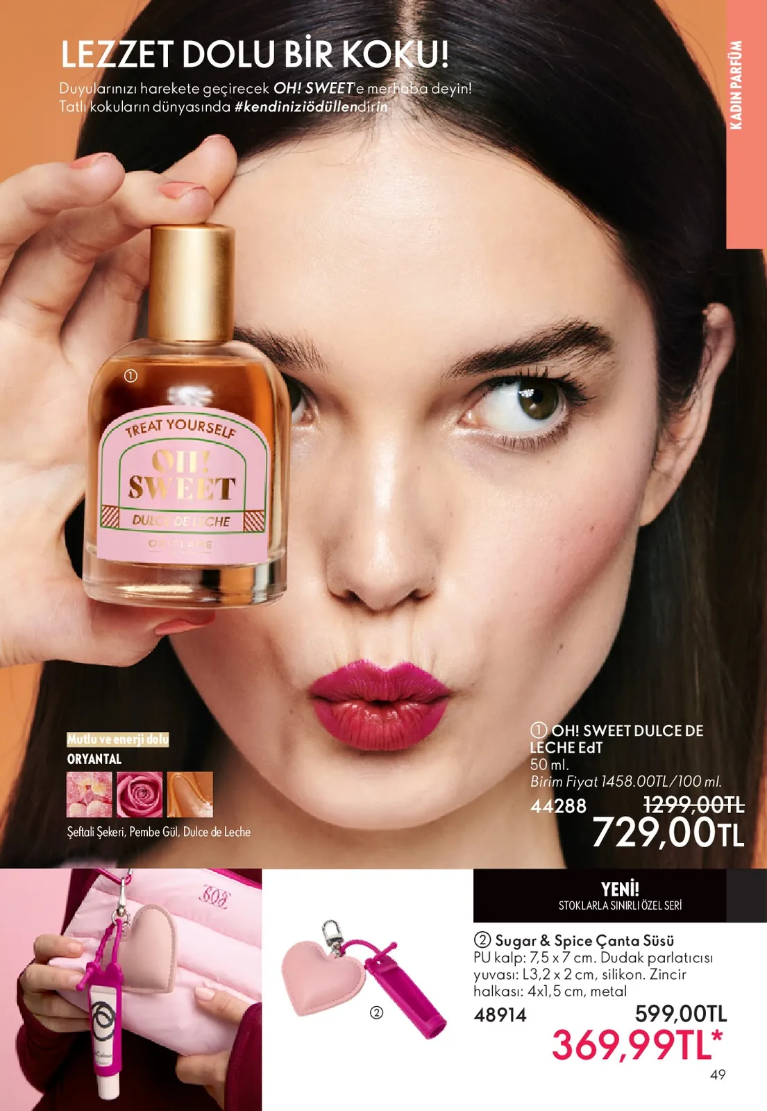Oriflame Oriflame 1 Haziran 2026 Aktüel Kataloğu sayfa 49: Oh! Sweet Dulce De Leche Edt 50Ml, Sugar & Spice Çanta Süü Puduk Parlatıcısı Yuvasi