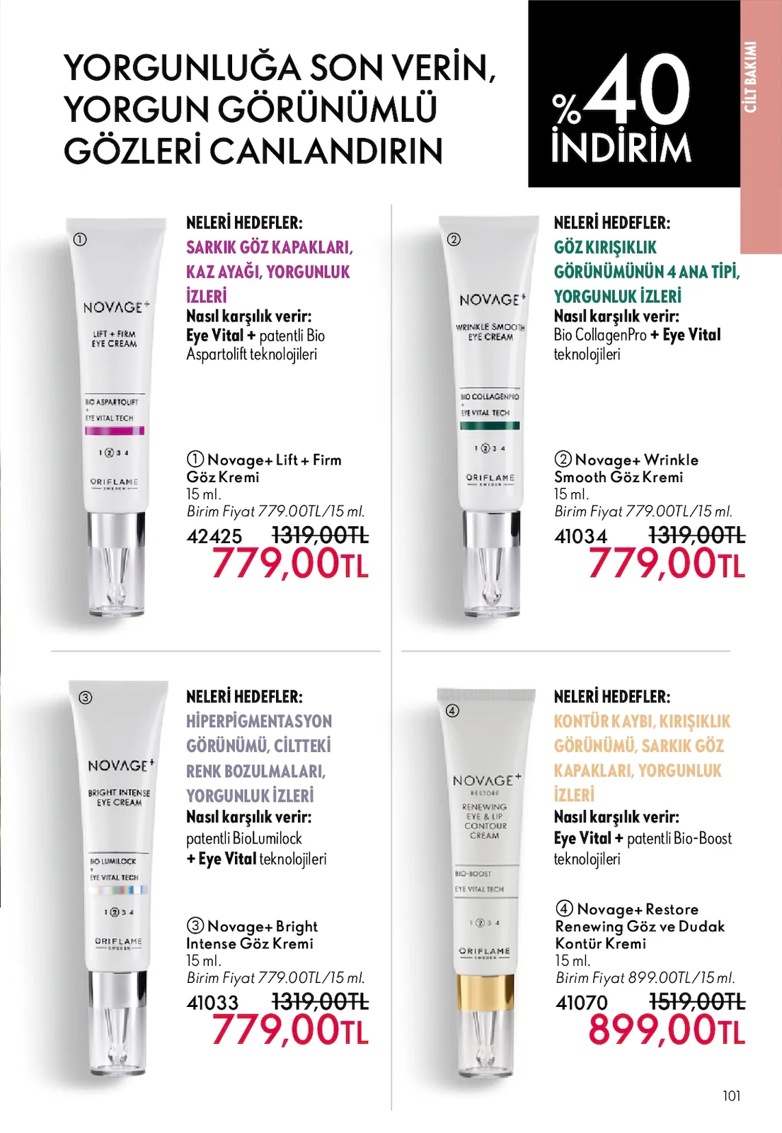 Oriflame Oriflame 1 Temmuz 2026 Aktüel Kataloğu sayfa 101: Novage+ Bright Intense Eye Cream 15 Ml, Novage+ Restore Renewing Eye & Lip Contour Cream 15 Ml