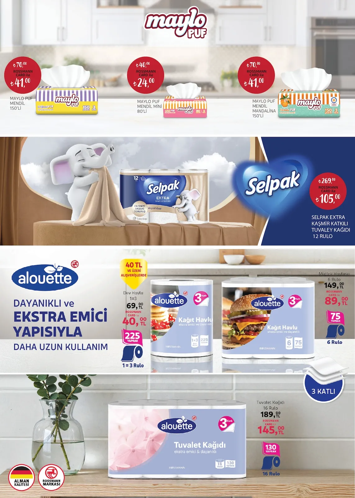 Rossmann Rossmann 2 Mart 2026 Aktüel Kataloğu sayfa 12: Alouette Kağıt Havlu 6 Rulo, Alouette Tuvalet Kağıdı 16 Rulo