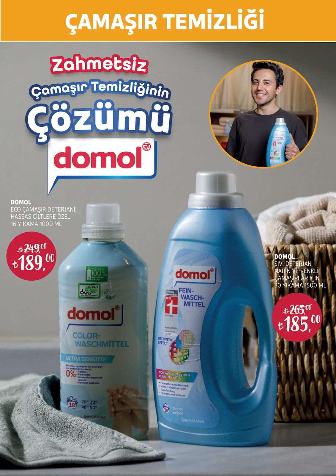 Rossmann Rossmann 30 Nisan 2026 Aktüel Kataloğu sayfa 17: Domol Eco Çamaşır Deterjanı Hassas Ciltlere Özel Renkli Yıkama 1000 Ml, Domol Sıvı Deterjan Renkli Ve Renkli Çamaşırlar İçin 1500 Ml