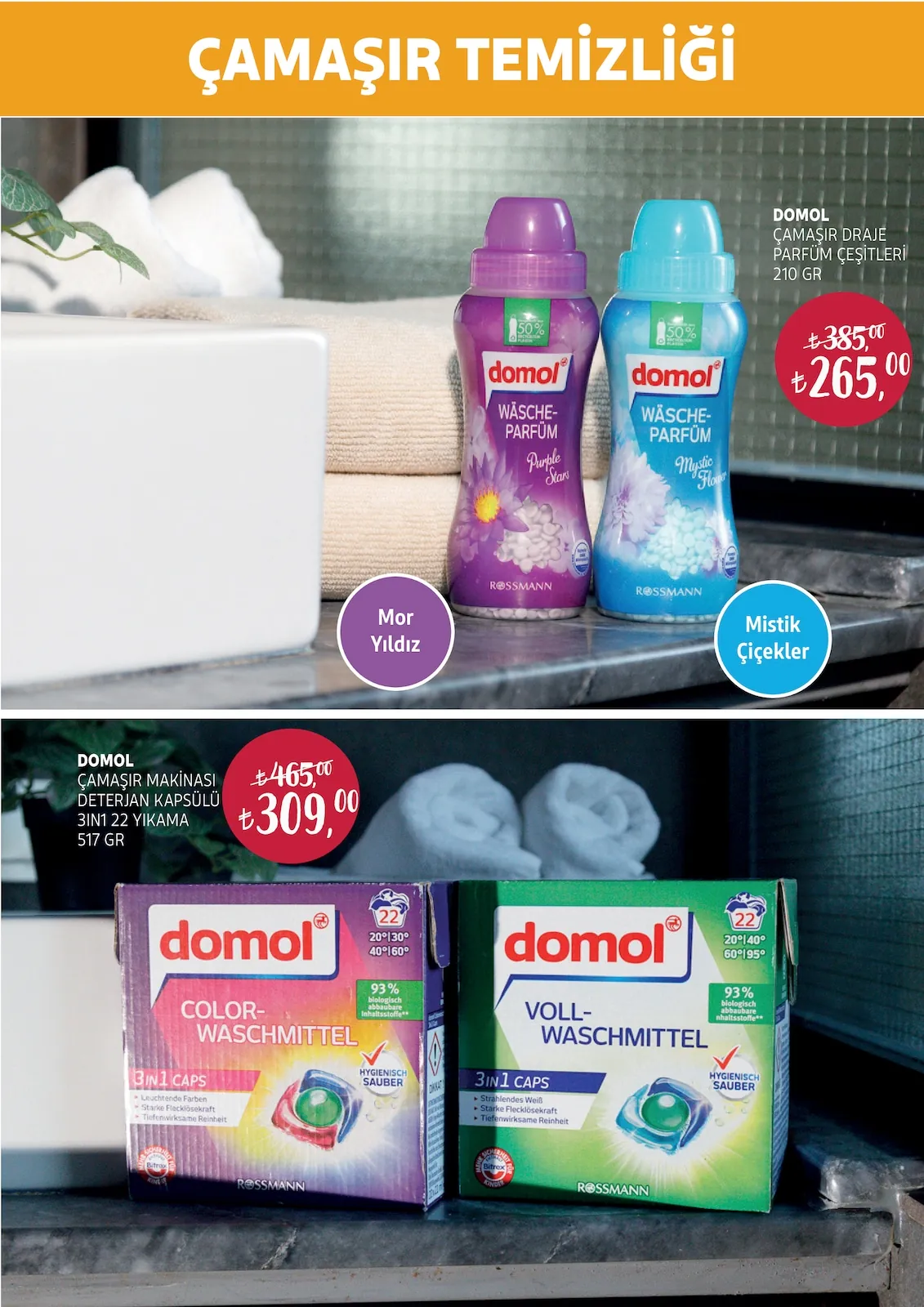 Rossmann Rossmann 30 Nisan 2026 Aktüel Kataloğu sayfa 19: Domol Çamaşır Parfüm Çeşitleri 210G, Domol Çamaşır Makinesi Deterjan Kapsülü 3In1 22 Yıkama 517G