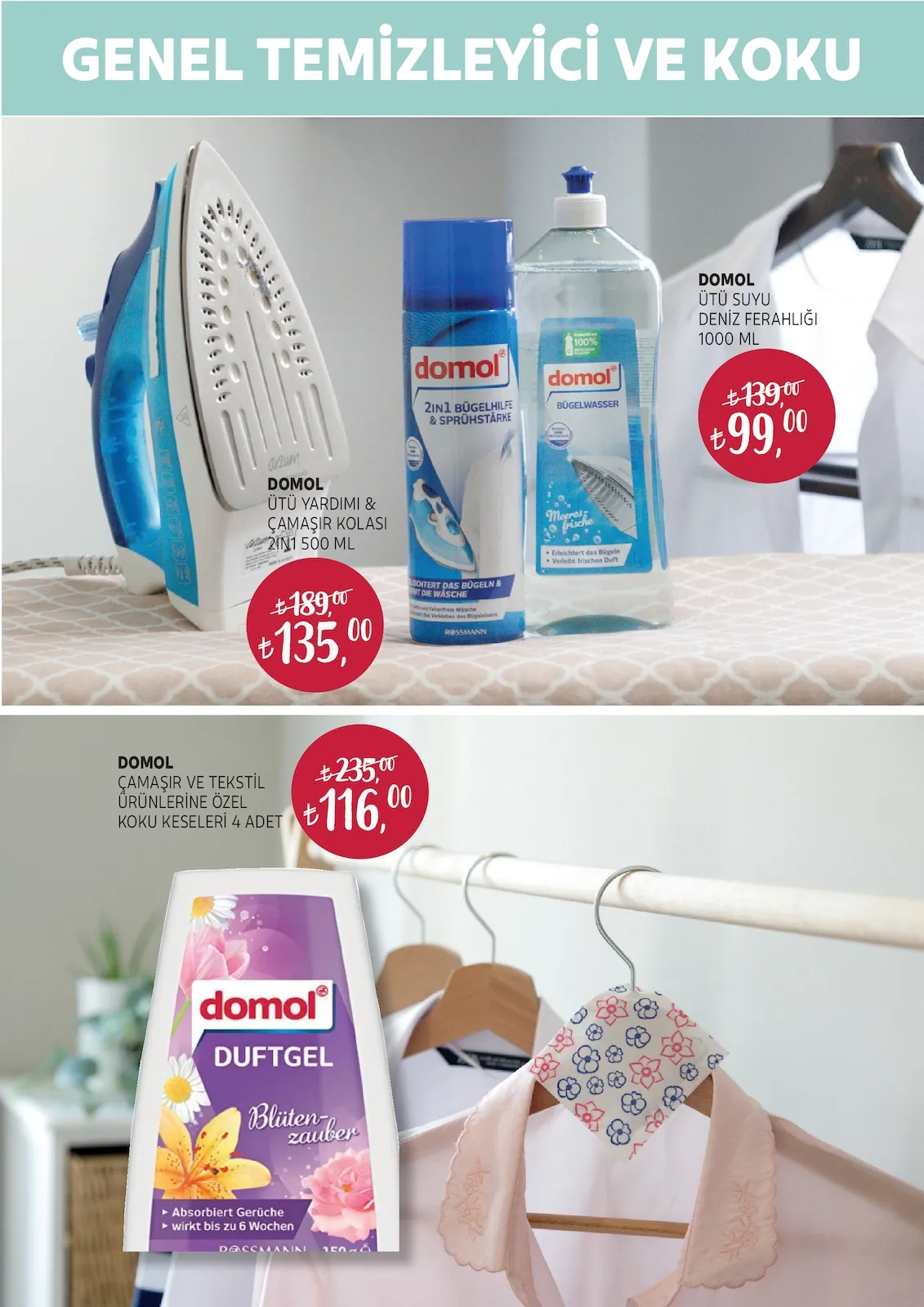 Rossmann Rossmann 30 Nisan 2026 Aktüel Kataloğu sayfa 25: Domol Çamaşir Ve Tekstil Ürünlerine Özel Koku Keseleri 4 Adet, Domol Ütü Suyu Deniz Ferahliği 1000 Ml