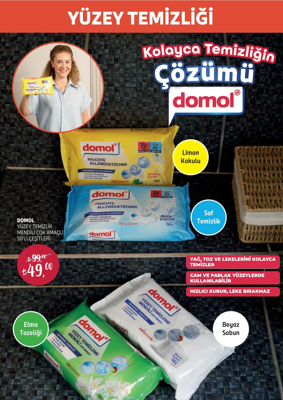 Rossmann Rossmann 30 Nisan 2026 Aktüel Kataloğu sayfa 7: Domol Yüzey Temizleme Mendili Yeşil Elma Tazeliği 50 Adet