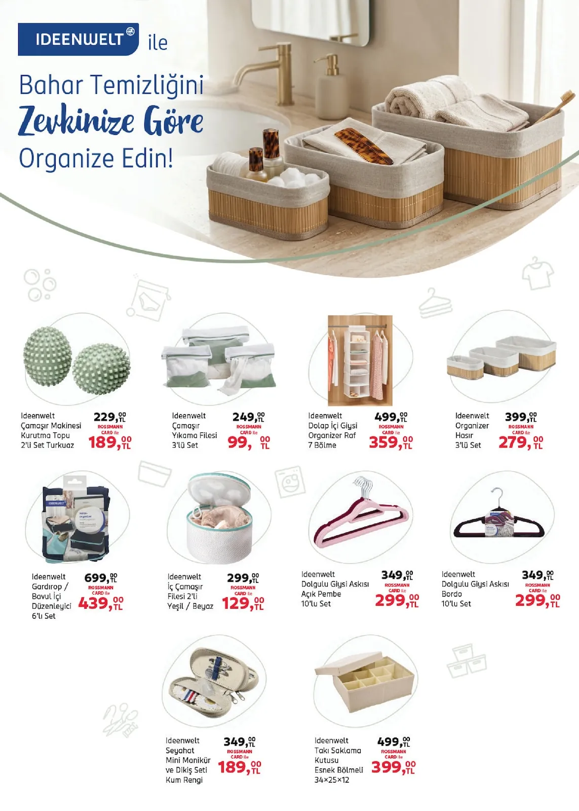 Rossmann Rossmann 30 Nisan 2026 Aktüel Kataloğu sayfa 13: Ideenwelt Seyahat Mini Manikür Ve Dikiş Seti Kum Rengi, Ideenwelt Dolap İçi Giyim Organizer Raf 7 Bölme