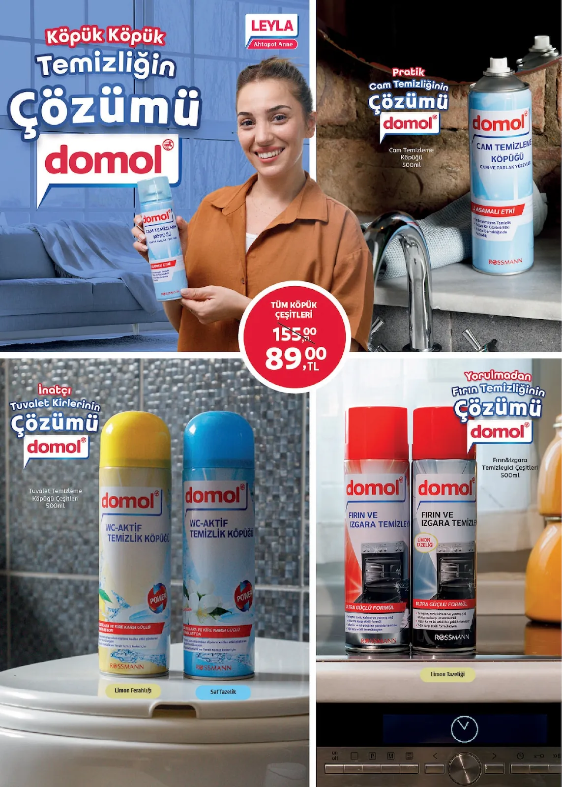 Rossmann Rossmann 30 Nisan 2026 Aktüel Kataloğu sayfa 9: Domol Fırın Ve Izgara Temizleyici Limon Tazeliği 500Ml, Domol Cam Temizleyici Köpüğü Leyla Ahtapot Anne
